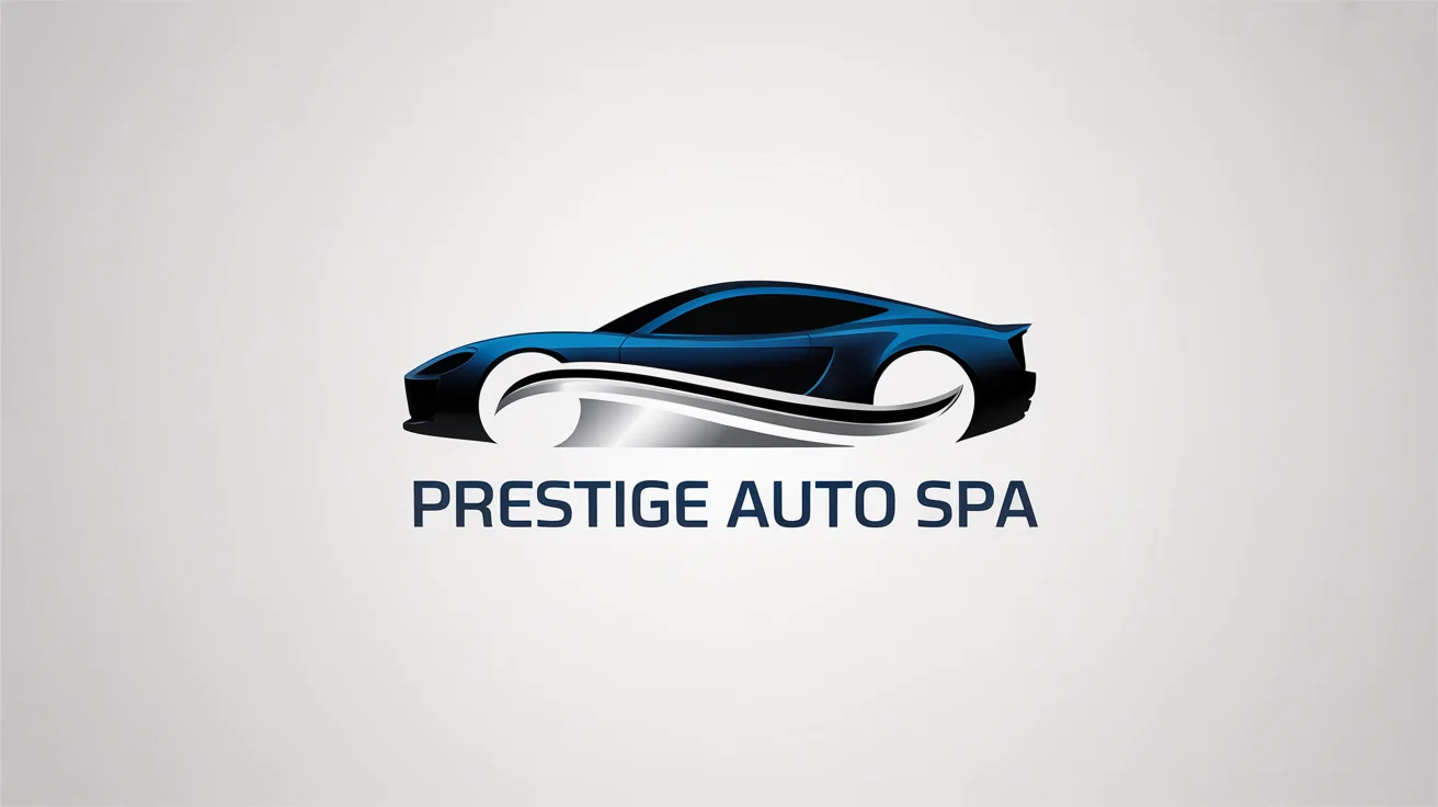 A professional logo for 'Prestige Auto Spa', an auto detailing company, featuring a sleek sports car silhouette and a water swoosh on a white background.