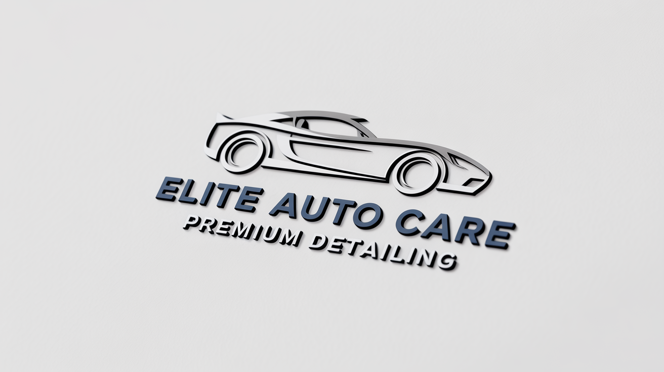 A modern logo for an auto detailing business named "Elite Auto Care", featuring a sleek car silhouette in a navy blue and silver emblem, set against a white background.