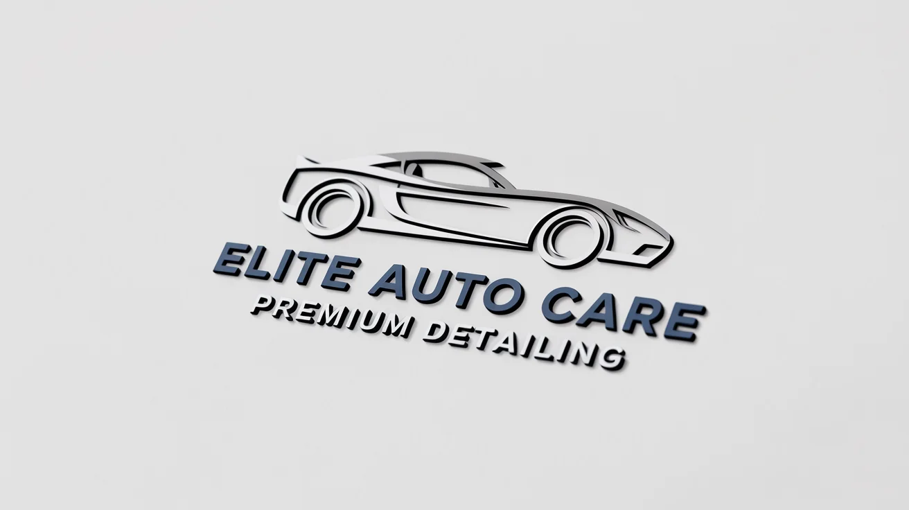 A modern logo for an auto detailing business named "Elite Auto Care", featuring a sleek car silhouette in a navy blue and silver emblem, set against a white background.