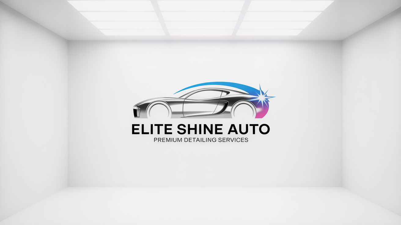 A modern logo for 'Elite Shine Auto', featuring a silver car silhouette and a blue water splash on a white background, representing professional auto detailing.