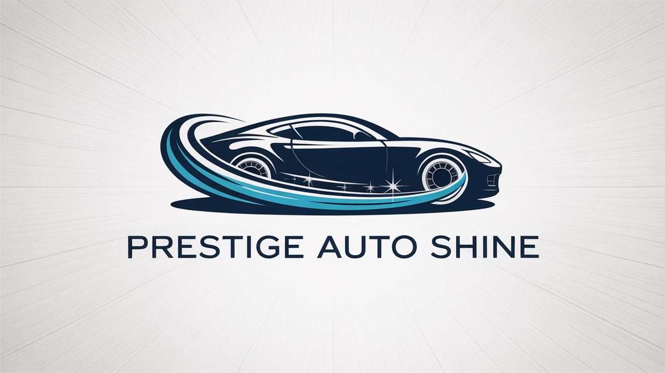 A modern logo for a car detailing business named 'Prestige Auto Shine', featuring a chrome and blue sports car silhouette with a water swirl on a white background.