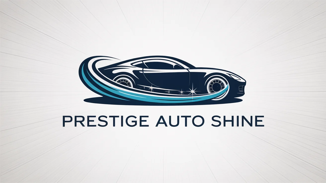 A modern logo for a car detailing business named 'Prestige Auto Shine', featuring a chrome and blue sports car silhouette with a water swirl on a white background.