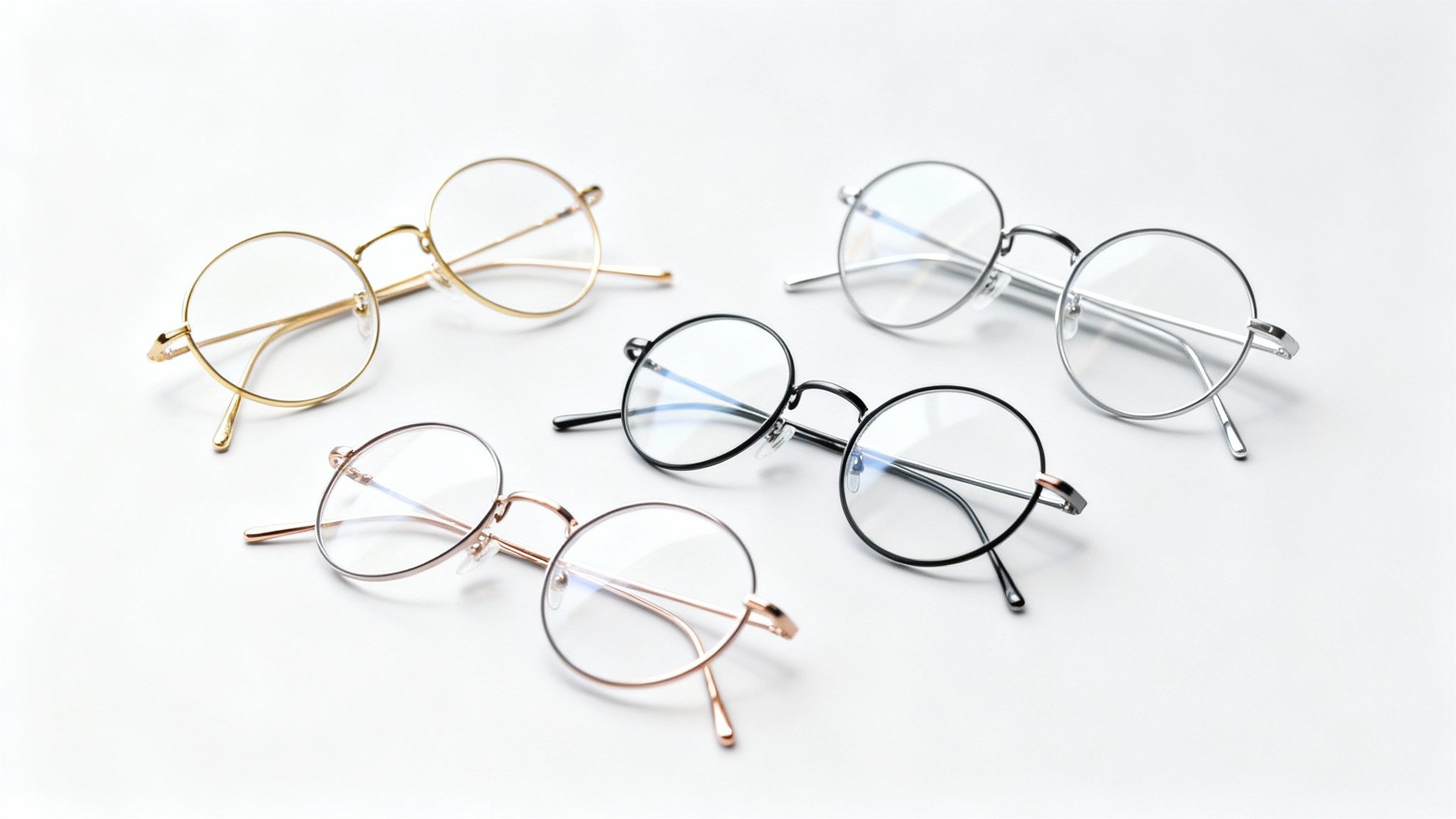 A polished marketing image displaying multiple 3D renders of a pair of round, metal-framed glasses, showcasing different color options like gold, black, and silver, arranged against a clean background.