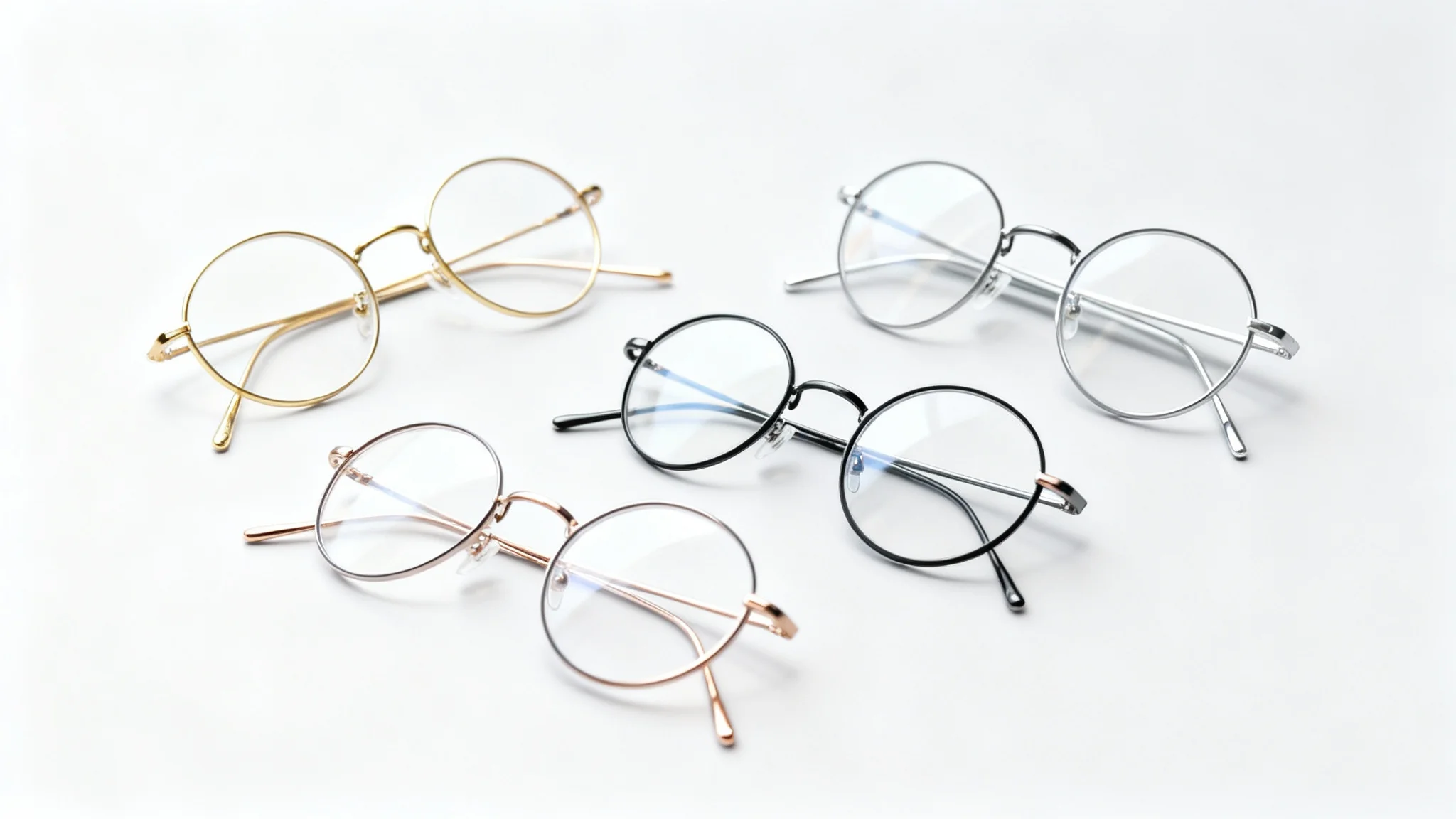 A polished marketing image displaying multiple 3D renders of a pair of round, metal-framed glasses, showcasing different color options like gold, black, and silver, arranged against a clean background.