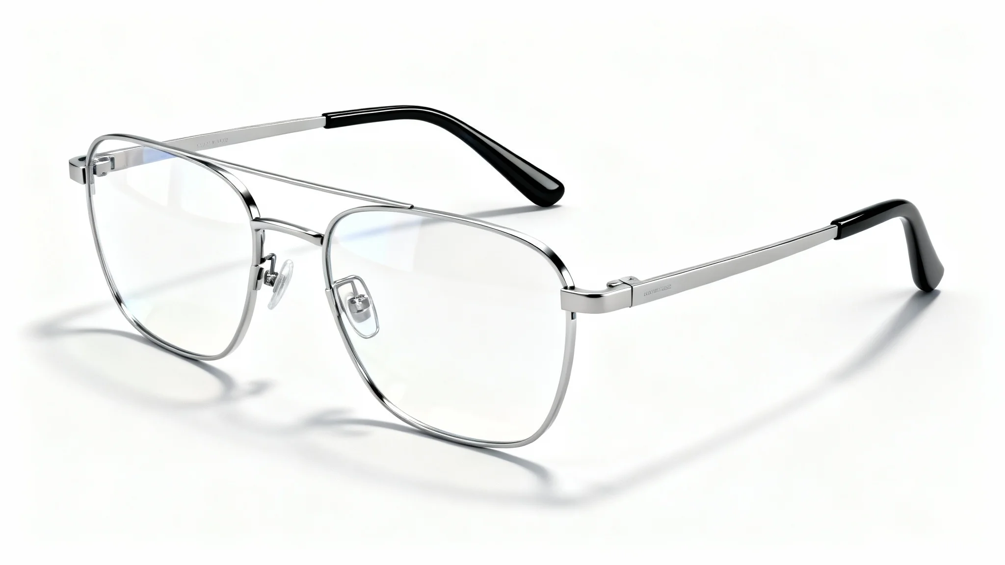 A hyper-realistic 3D render of a pair of modern eyeglasses with thin silver frames and black arms, presented in a clean studio setting on a white background.