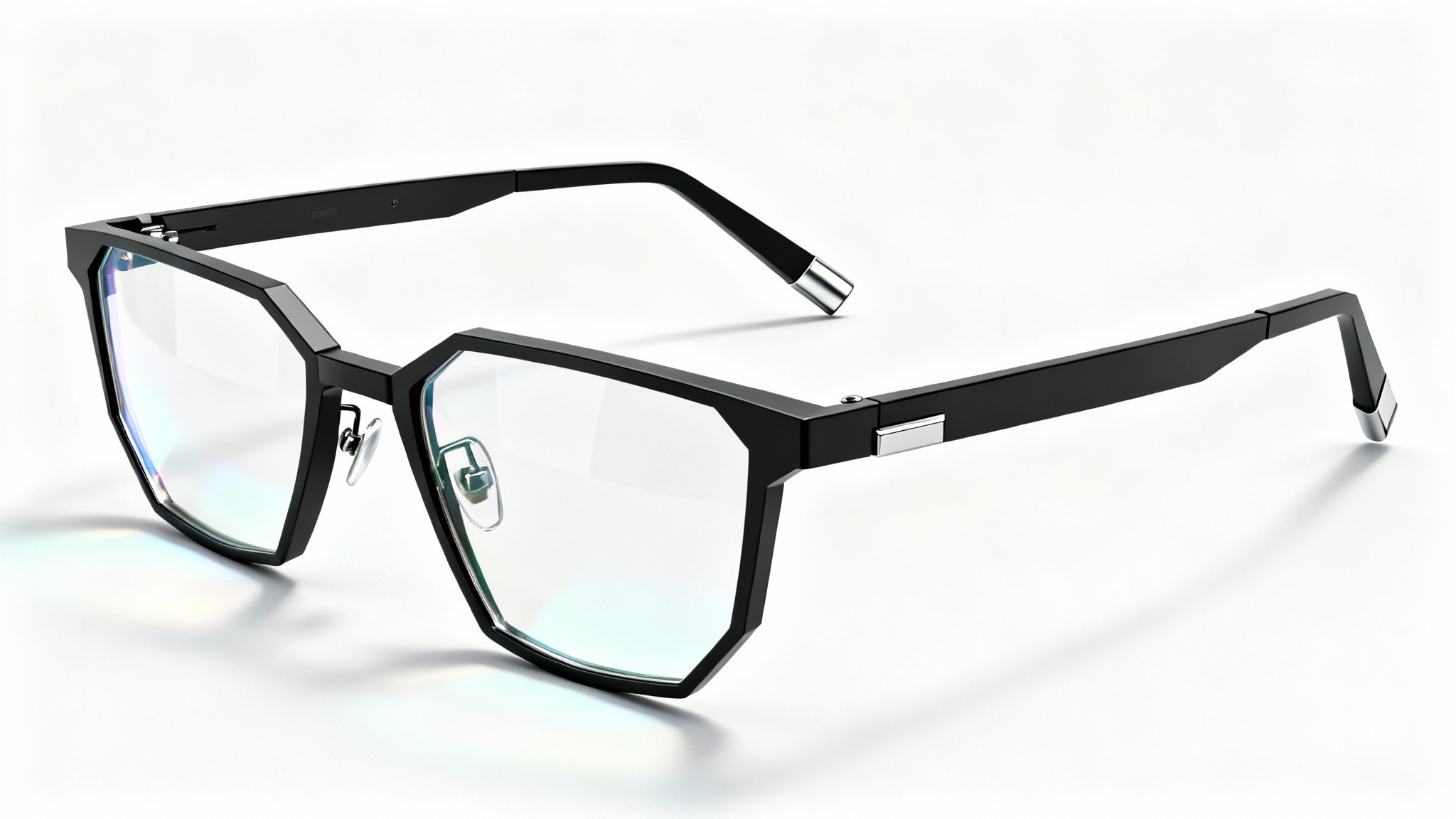 A photorealistic 3D render of modern, minimalist eyeglasses with matte black titanium frames, shown at a three-quarters angle against a plain white background.
