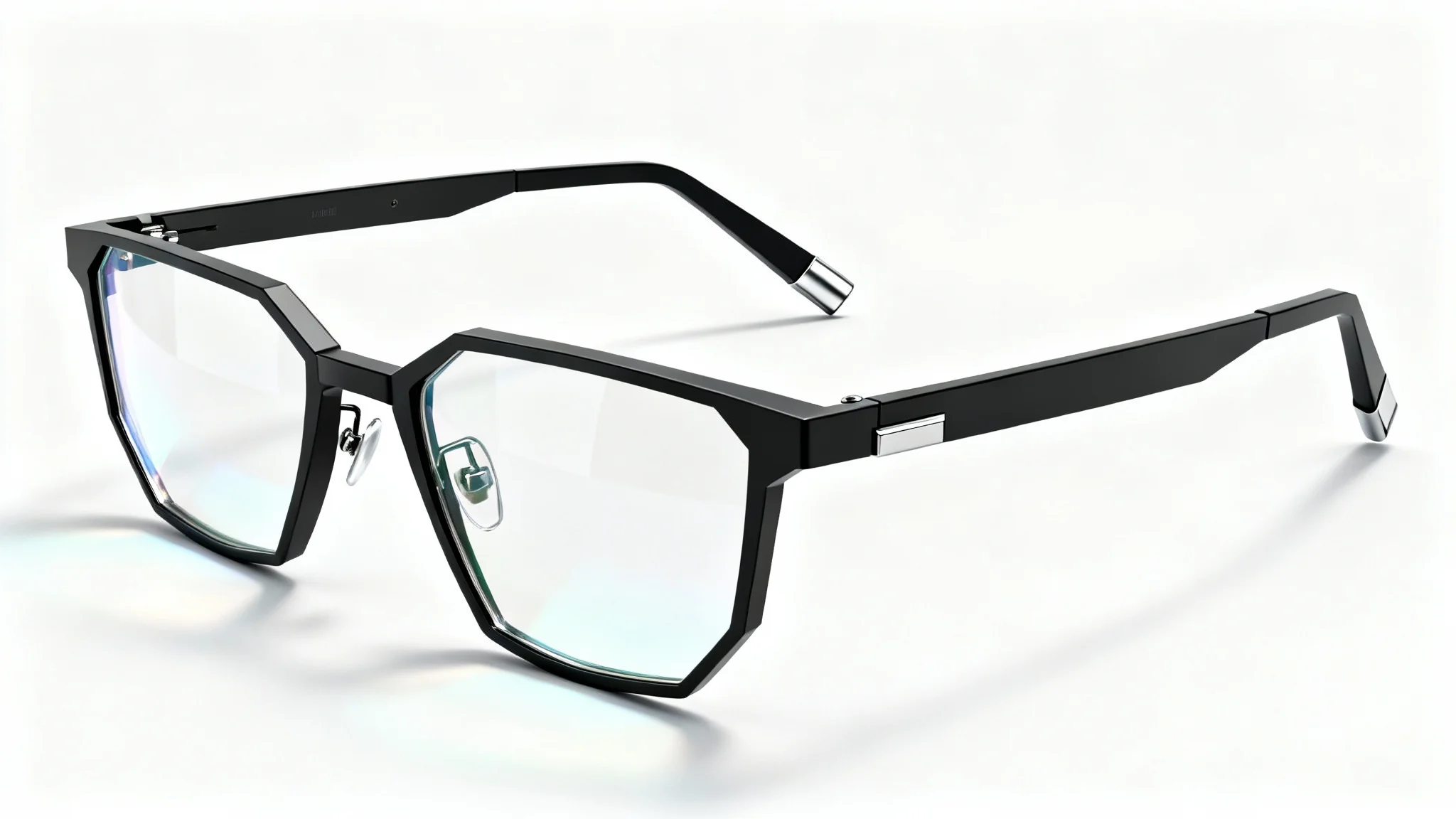 A photorealistic 3D render of modern, minimalist eyeglasses with matte black titanium frames, shown at a three-quarters angle against a plain white background.
