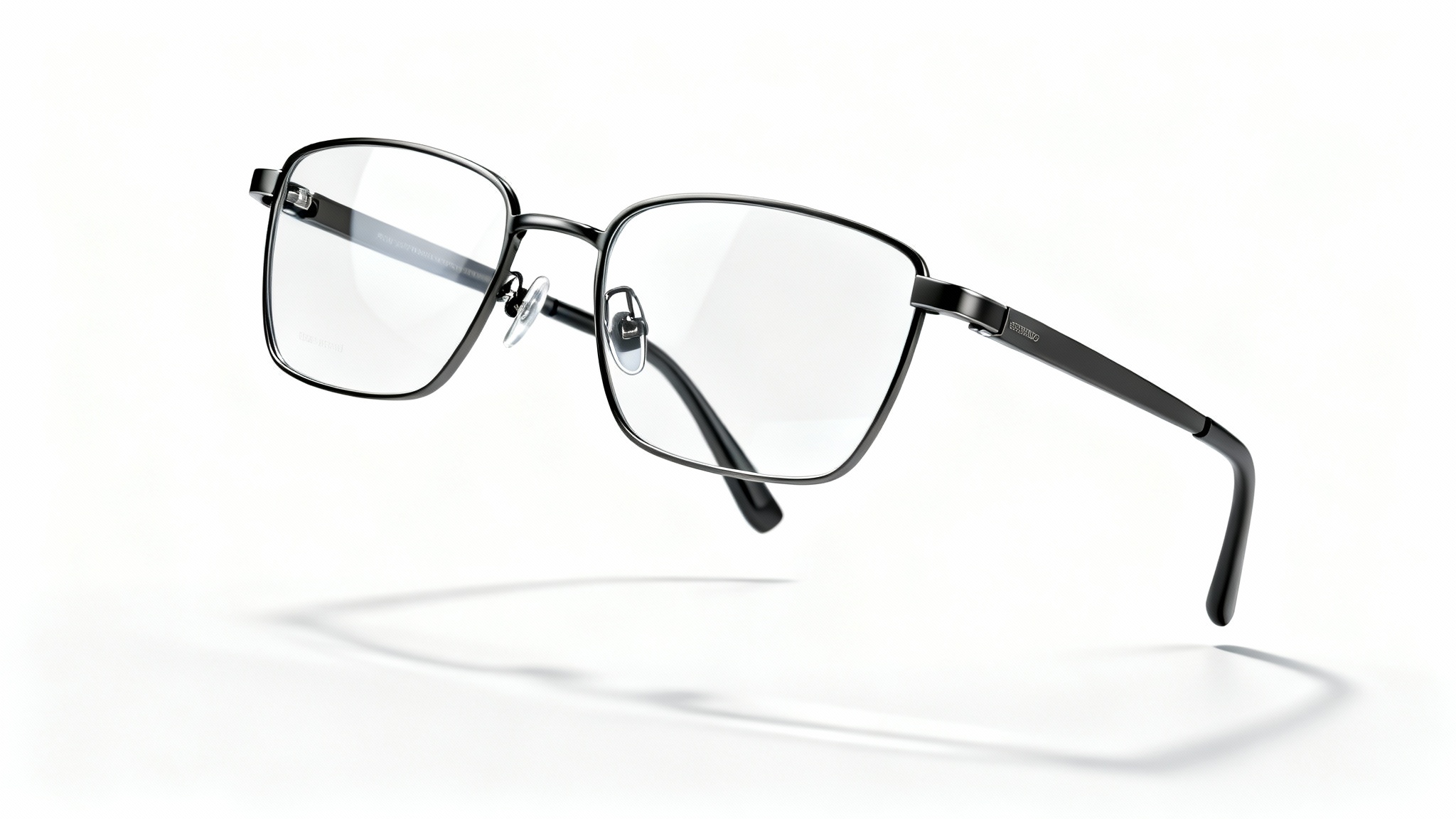 A photorealistic 3D render of a pair of modern, thin-rimmed eyeglasses with charcoal-colored titanium frames, floating against a stark white background.