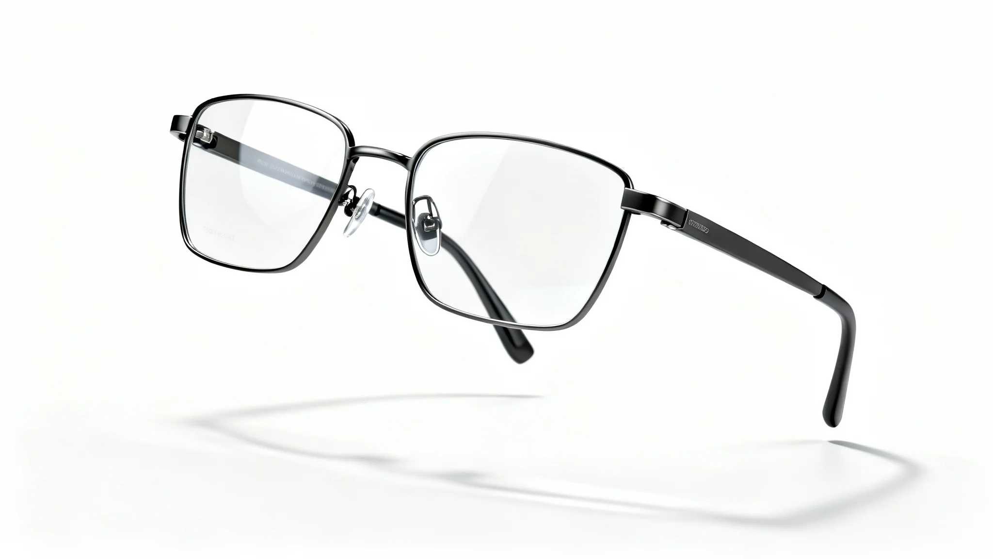 A photorealistic 3D render of a pair of modern, thin-rimmed eyeglasses with charcoal-colored titanium frames, floating against a stark white background.