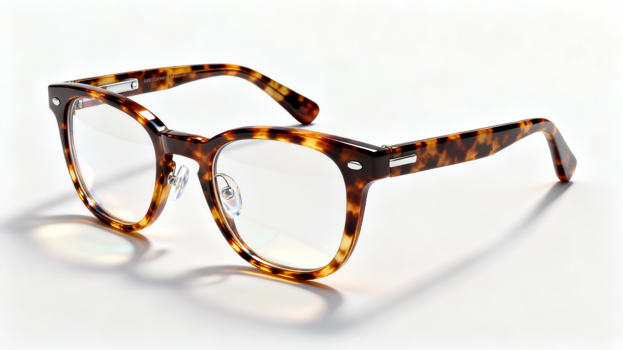 A photorealistic render of stylish tortoiseshell glasses with clear lenses, angled on a clean white background.
