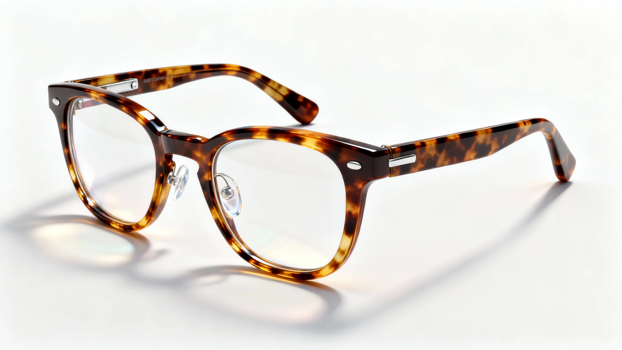 A photorealistic render of stylish tortoiseshell glasses with clear lenses, angled on a clean white background.