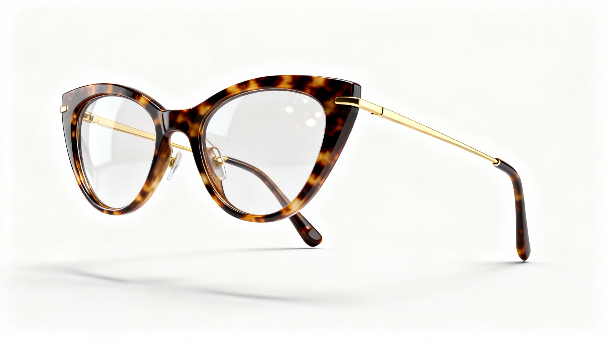 A photorealistic 3D render of stylish tortoiseshell glasses with gold arms, floating against a pristine white background.