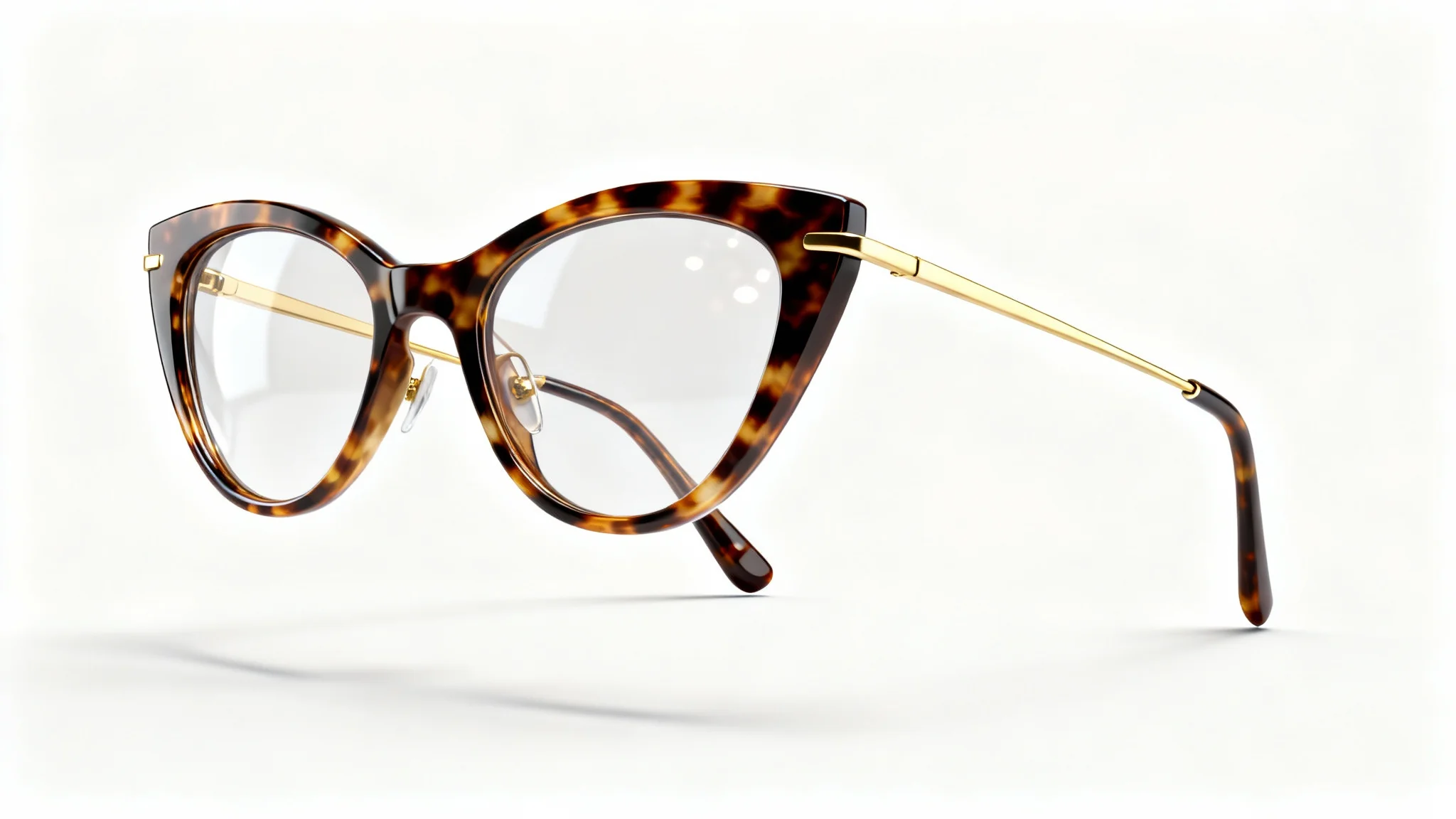 A photorealistic 3D render of stylish tortoiseshell glasses with gold arms, floating against a pristine white background.