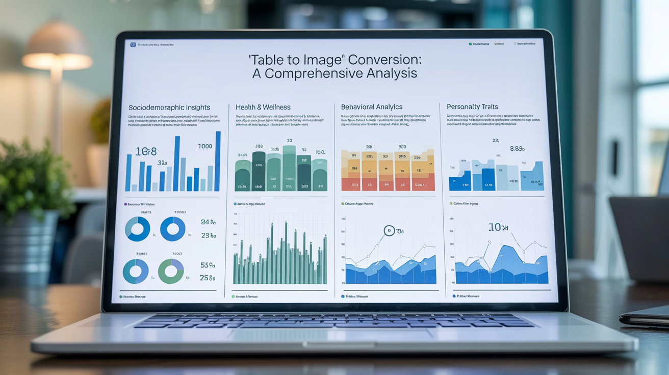 A professionally designed 16:9 infographic, showcasing the final result of a data visualization tool. The image displays sections for sociodemographics, health, behavior, and personality, using colorful charts and icons on a clean background.