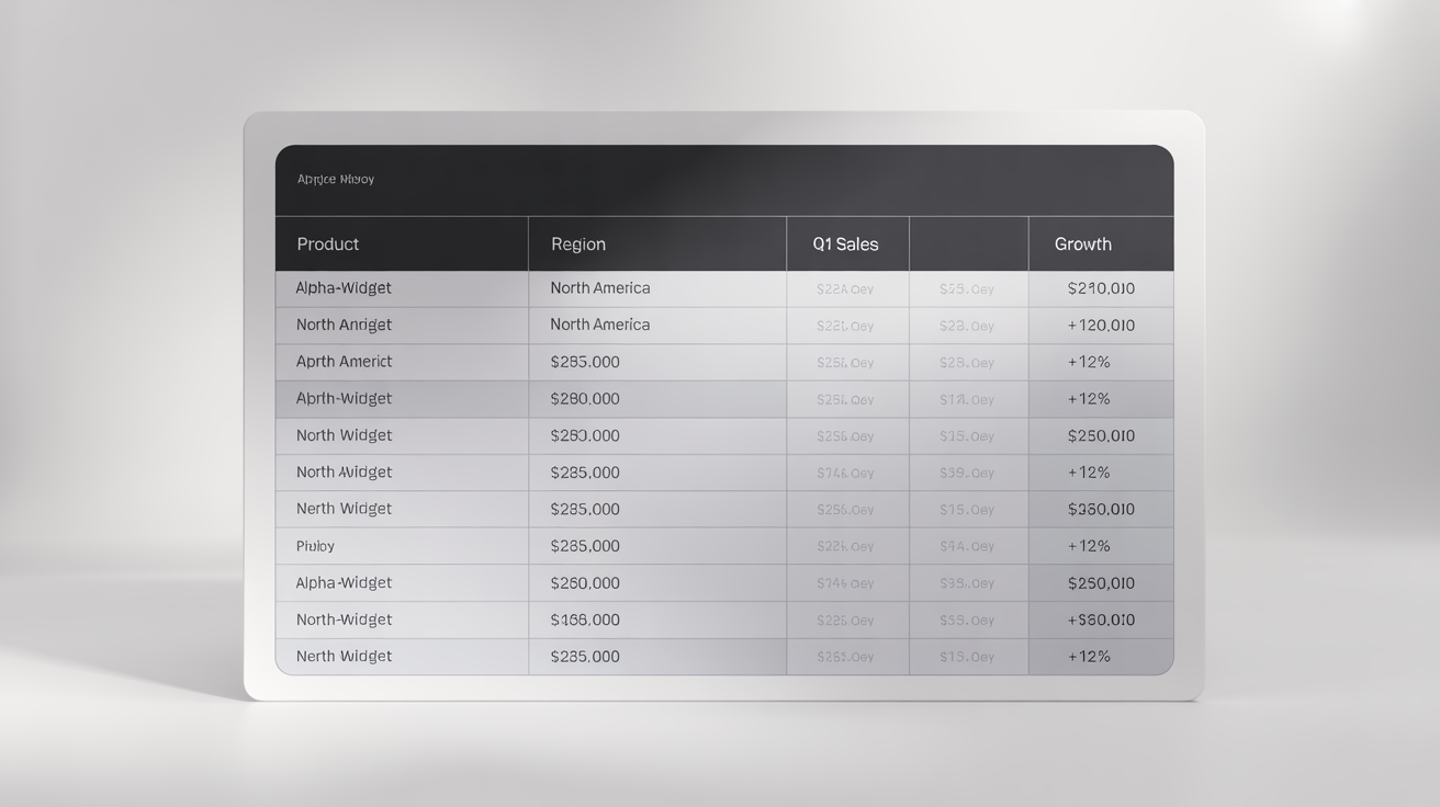 A sleek, modern data table visualized as a high-quality image, shown against a clean white background. The table displays fictional sales data with clear headers and organized rows, illustrating the conversion of a table into a professional graphic.
