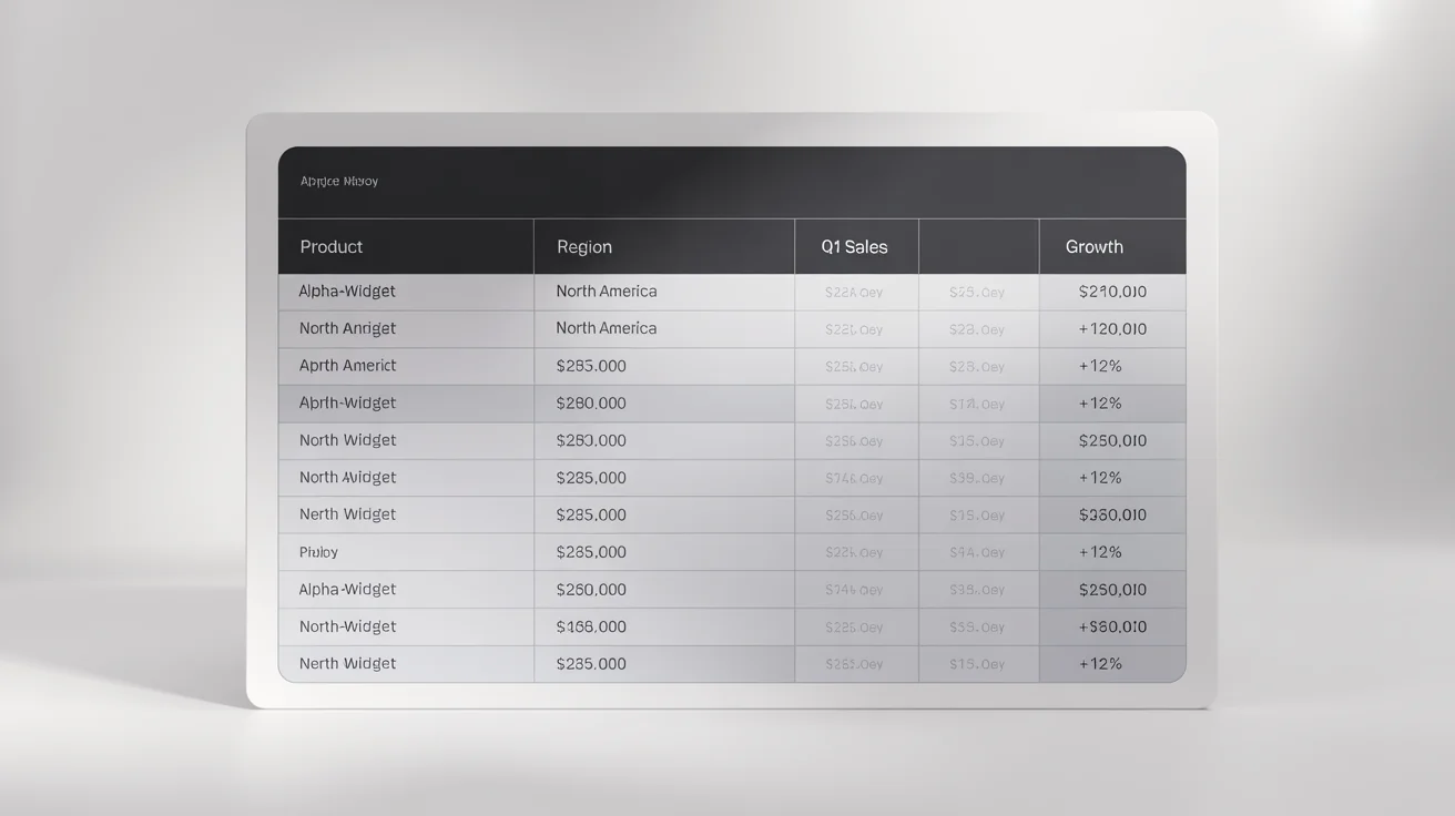 A sleek, modern data table visualized as a high-quality image, shown against a clean white background. The table displays fictional sales data with clear headers and organized rows, illustrating the conversion of a table into a professional graphic.