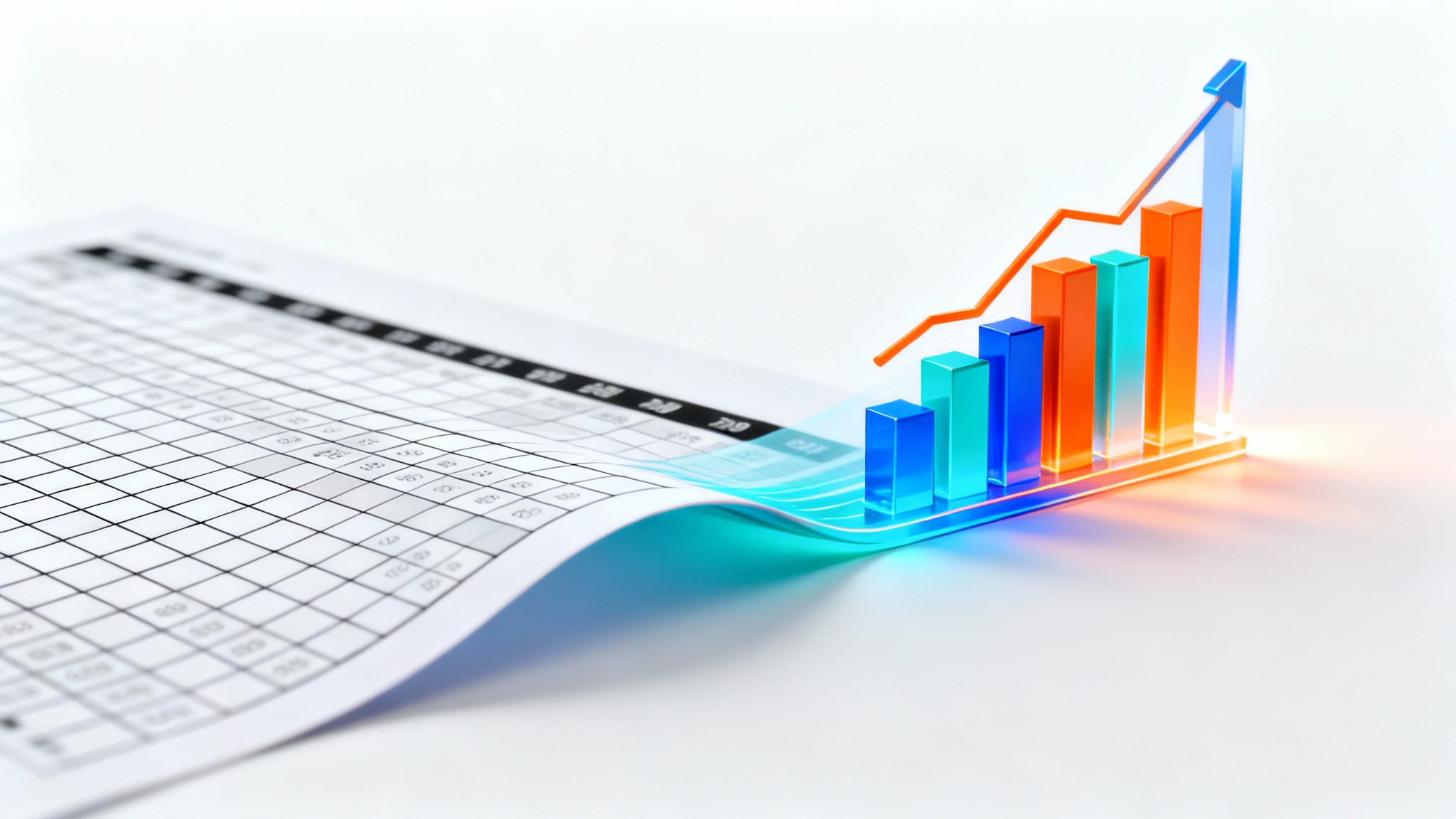 A data table visually transforming into a vibrant, 3D infographic chart against a clean white background, illustrating the process of converting a table to an image.