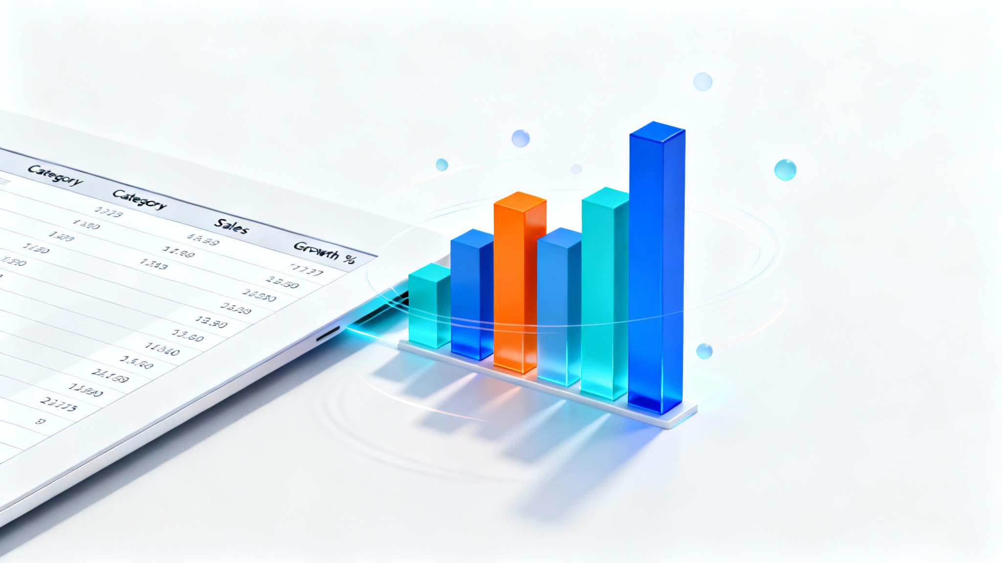 An illustration showing a data table being transformed into a colorful 3D bar chart, symbolizing the conversion of data into a visual image.