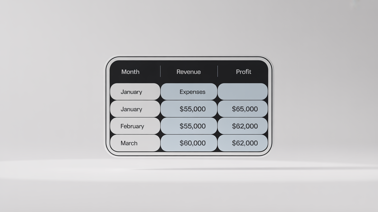 A cleanly designed image of a modern data table showing fictional monthly business profits, illustrating the conversion of data into a high-quality graphic.