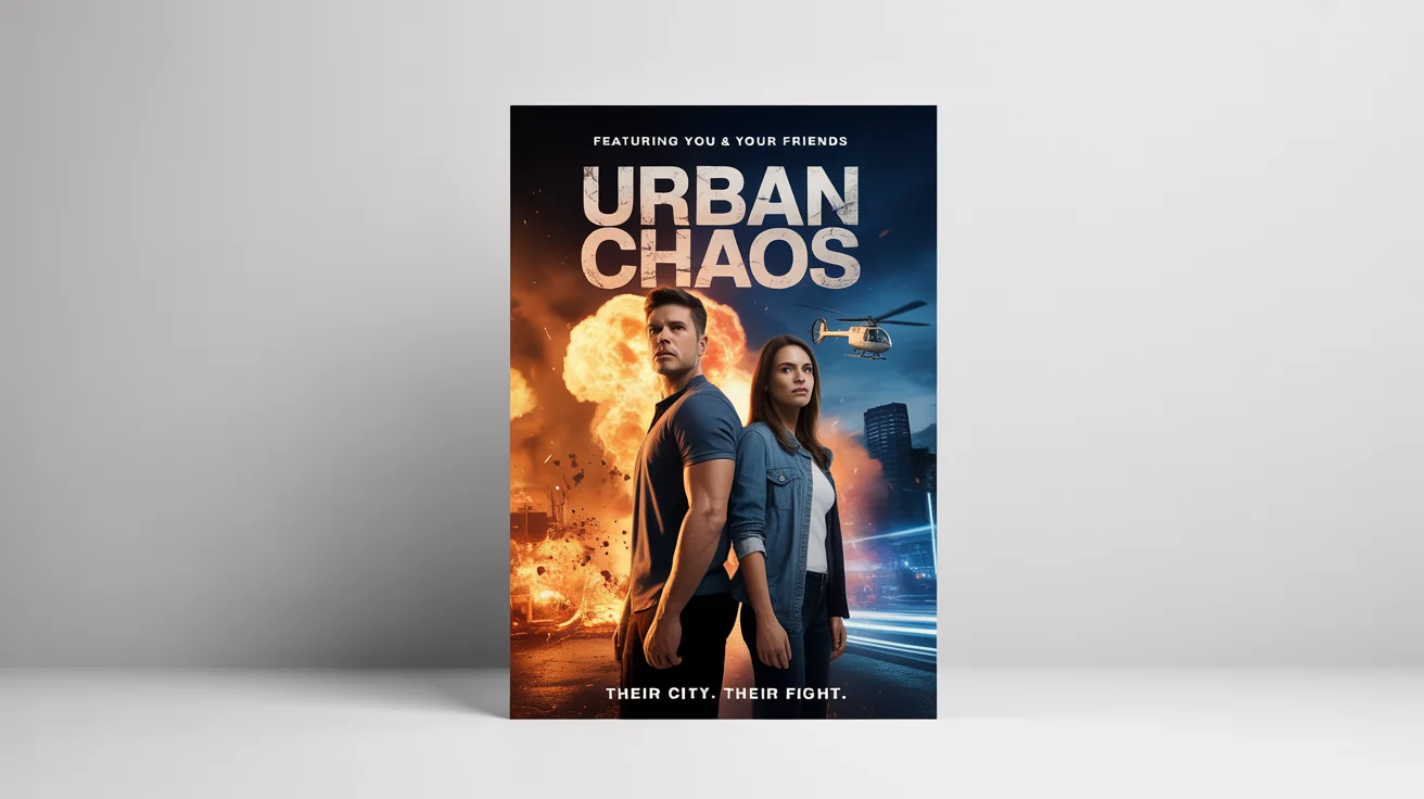 A mockup of a custom action movie poster titled 'Urban Chaos,' featuring a man and a woman in heroic poses against a backdrop of a city explosion, all displayed on a clean white background.