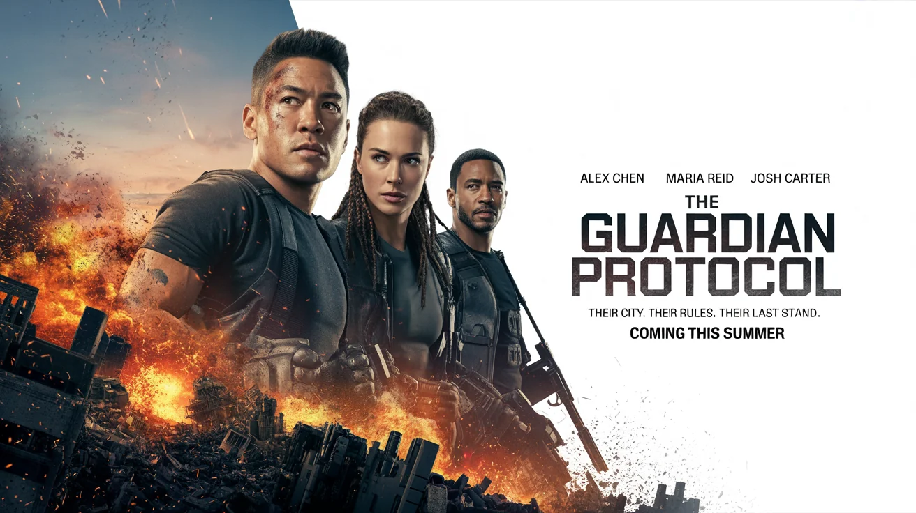 A custom action movie poster mockup titled 'The Guardian Protocol', featuring three friends posing heroically in front of an urban explosion. The poster is displayed against a plain white background.