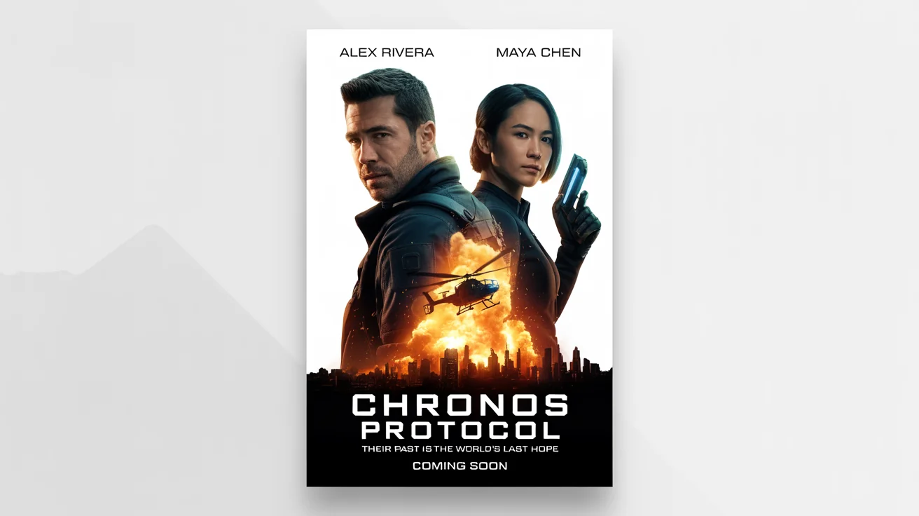 A mockup of a custom action movie poster titled 'CHRONOS PROTOCOL' on a white background, featuring a man and a woman in front of a fiery city explosion.