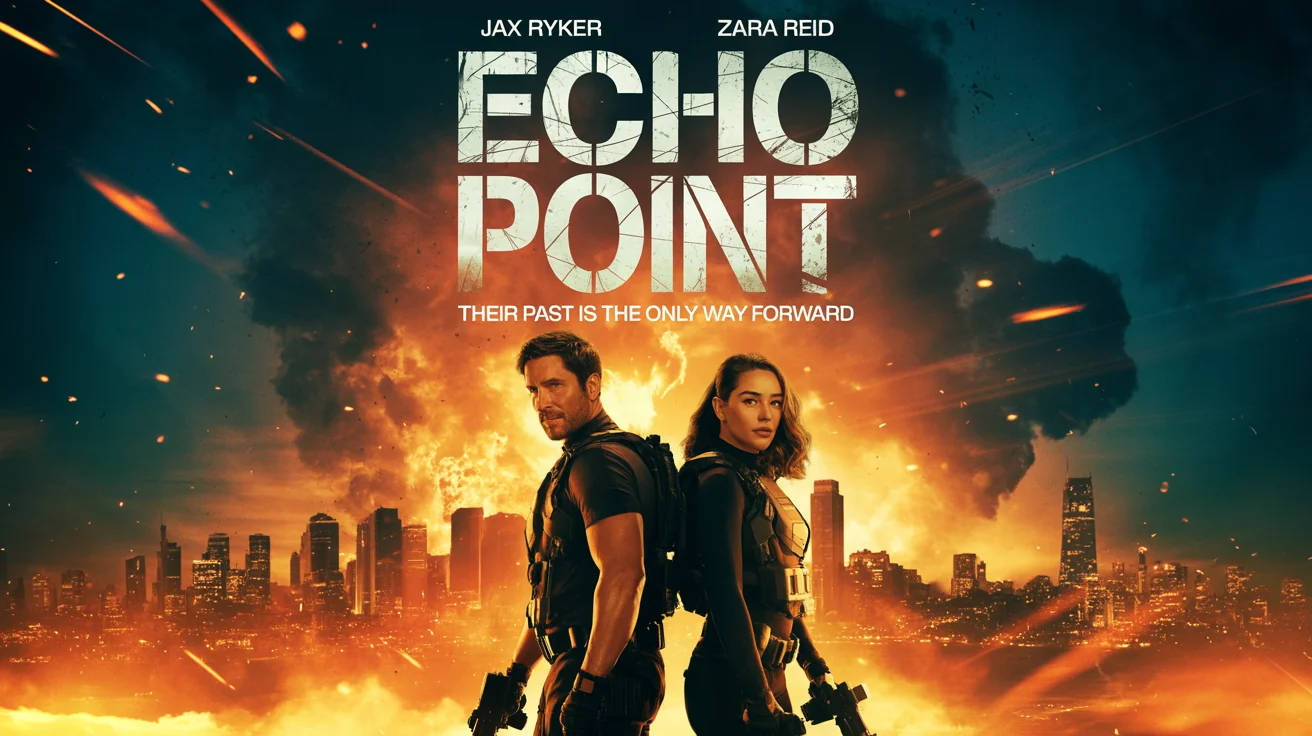 A custom action movie poster mockup for a film titled 'Echo Point'. The poster features a man and a woman in tactical gear standing heroically in front of an exploding city at night.