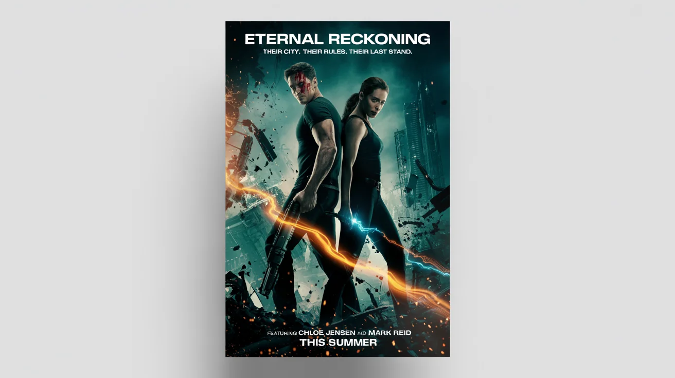 An action movie poster mockup for a film titled 'Eternal Reckoning'. The poster features a man and woman in an action-packed, explosive city scene. The mockup is displayed against a plain white background.
