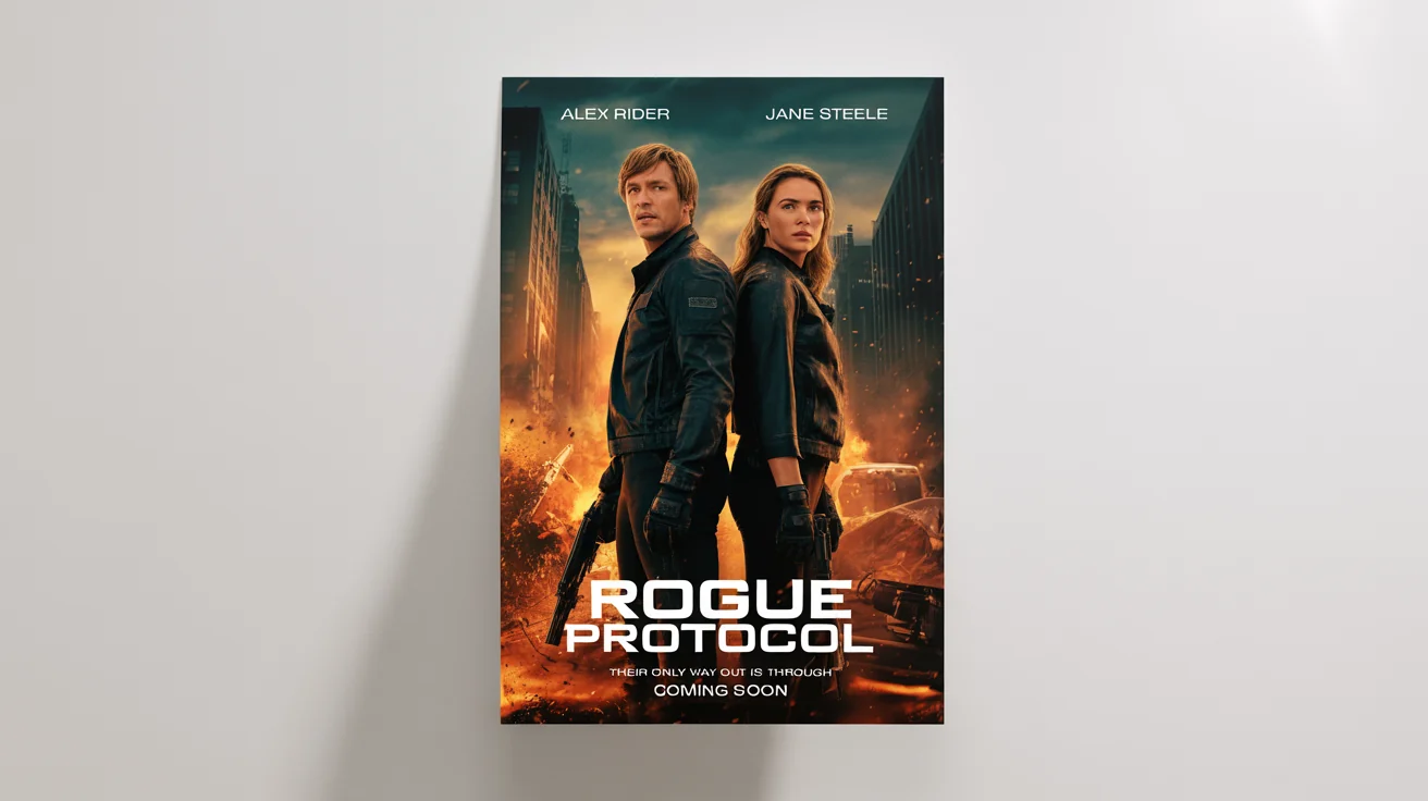An action movie poster mockup for a fictional film titled 'Rogue Protocol,' featuring a man and woman in tactical gear against a backdrop of explosions and a destroyed city. The poster is on a white background.
