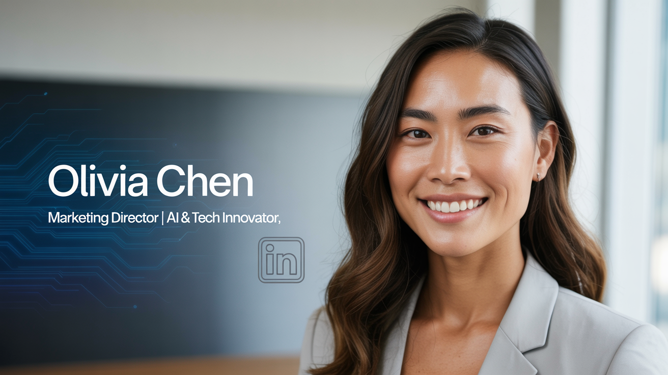 A finished LinkedIn banner for a professional named 'Olivia Chen', showing her headshot on the left and title against a sleek blue-to-gray gradient background.