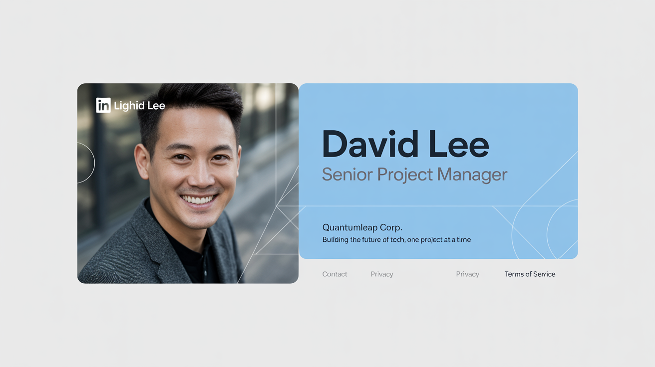 A mockup of a professional LinkedIn banner for 'David Lee', a Senior Project Manager at 'QuantumLeap Corp.', featuring his headshot and a modern blue and grey design.
