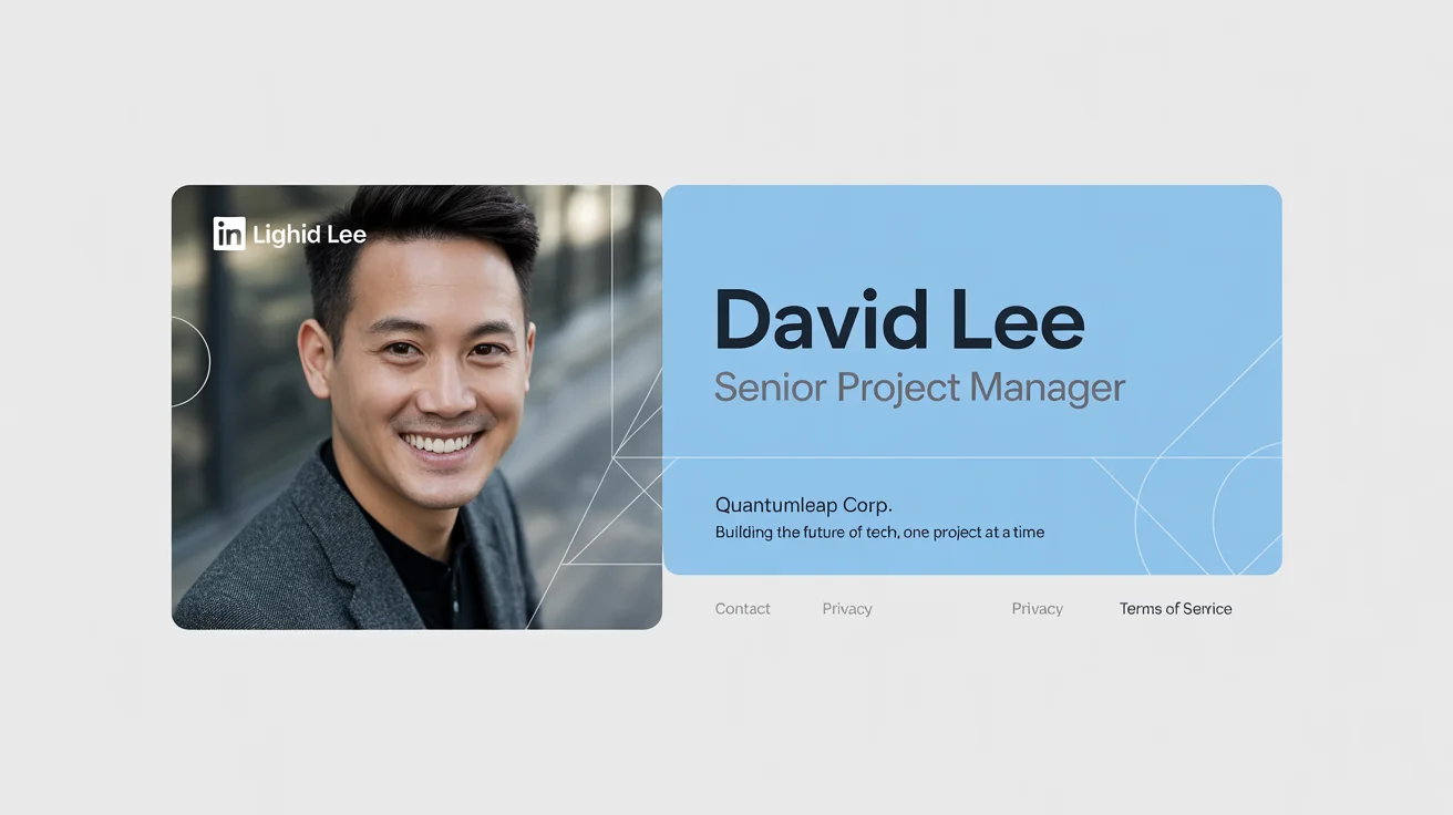A mockup of a professional LinkedIn banner for 'David Lee', a Senior Project Manager at 'QuantumLeap Corp.', featuring his headshot and a modern blue and grey design.