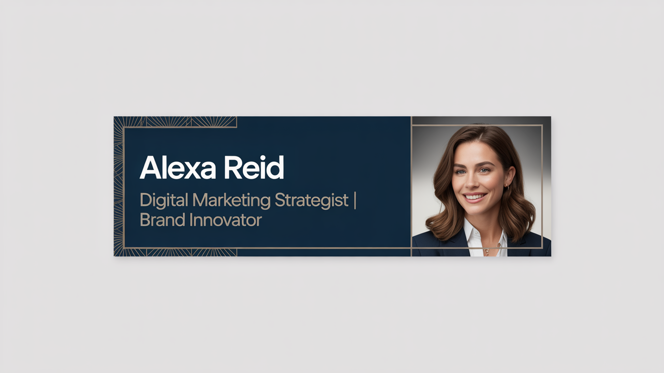 A professional LinkedIn banner mockup for a fictional digital marketing strategist named Alexa Reid, featuring her headshot and title against a modern, dark blue and gray design. The mockup is displayed on a white background.