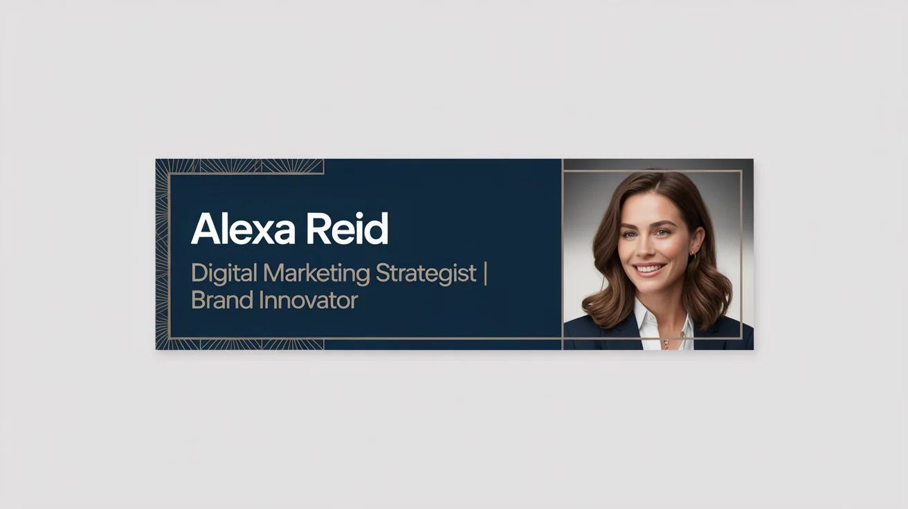 A professional LinkedIn banner mockup for a fictional digital marketing strategist named Alexa Reid, featuring her headshot and title against a modern, dark blue and gray design. The mockup is displayed on a white background.