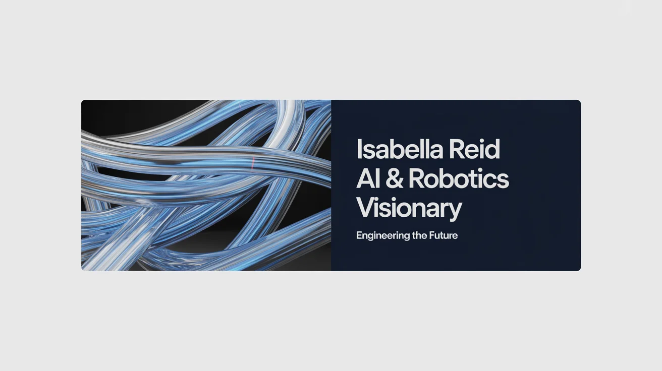 A mockup of a professional LinkedIn banner for a tech innovator named Isabella Reid, featuring abstract blue light trails and clear, modern text against a navy blue background.