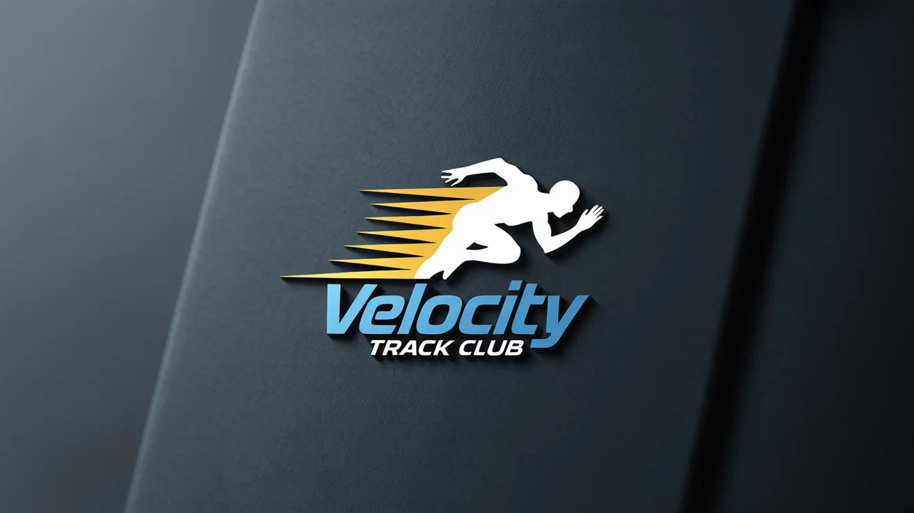 A professionally designed logo for a track and field team named 'Velocity Track Club'. The logo features a blue and yellow stylized sprinter and lightning bolt, displayed on a dark background.