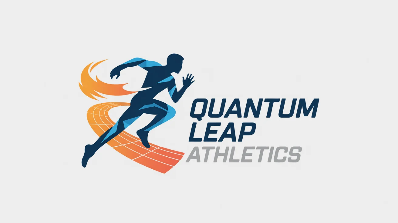 A modern vector logo for 'Quantum Leap Athletics' on a white background, featuring a stylized runner in blue and cyan with an orange swoosh forming a track.