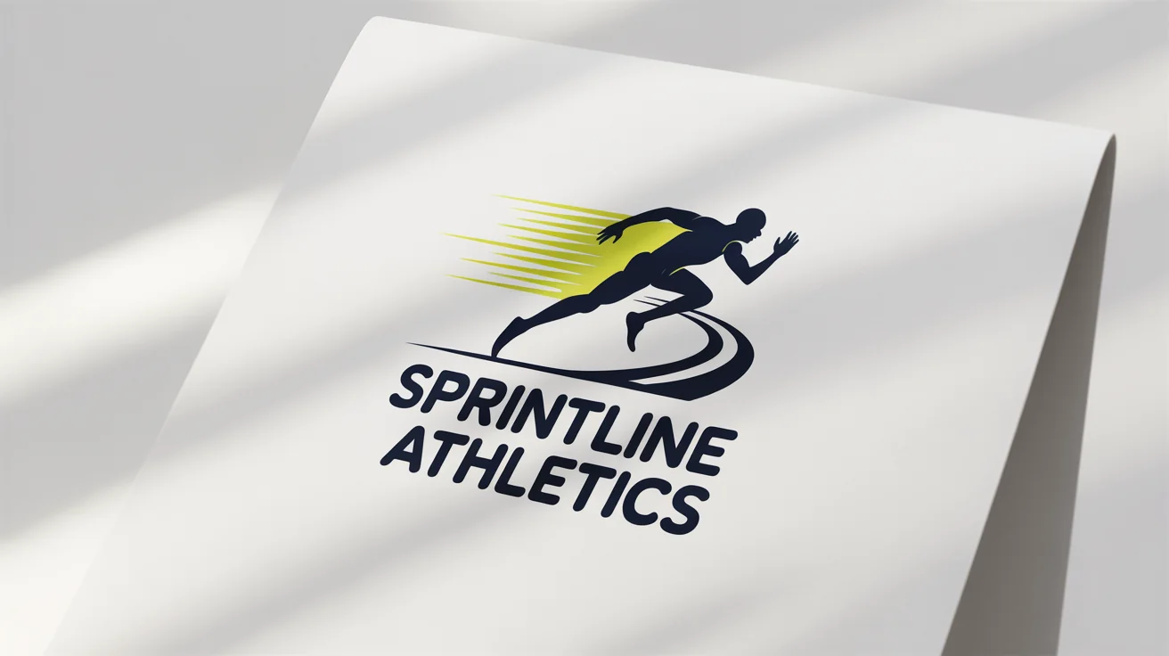 A modern track and field logo mockup featuring a stylized sprinter in blue and yellow, with the text 'SPRINTLINE ATHLETICS' below it, set against a white background.