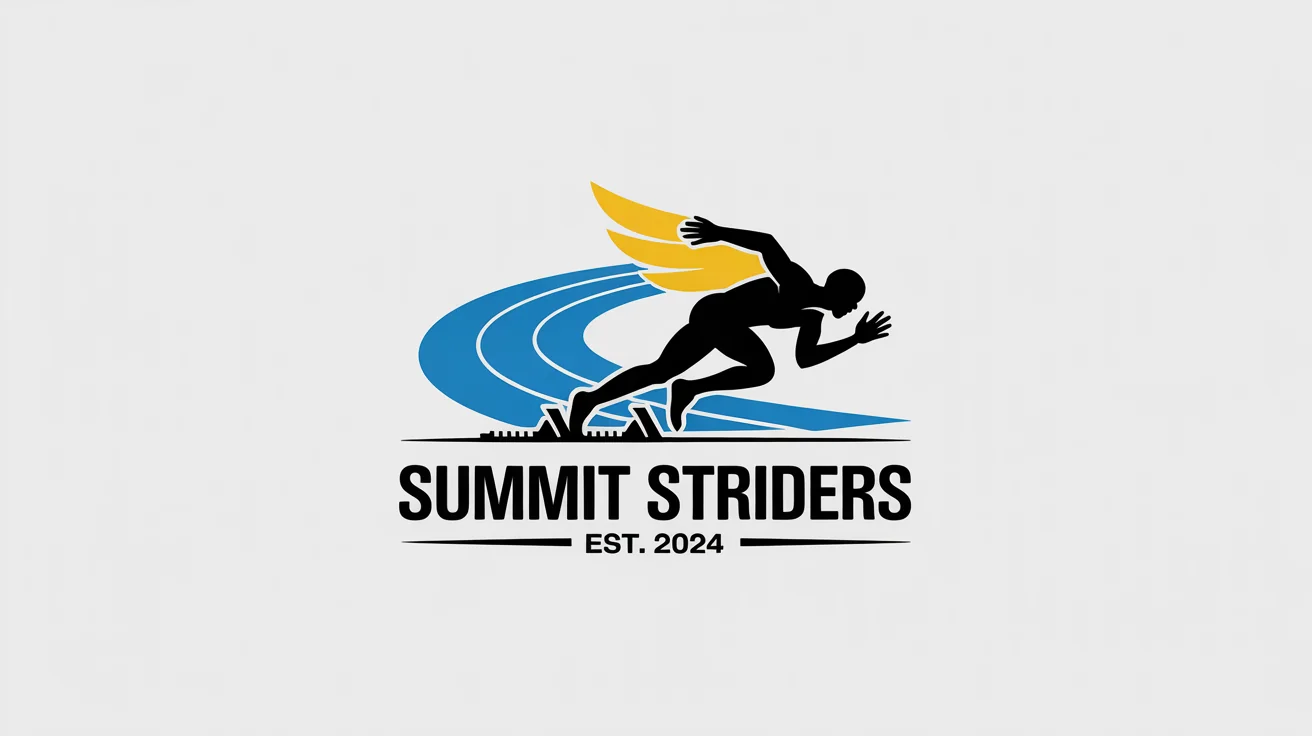 A modern track and field logo for the 'Summit Striders' team, featuring a stylized blue and gray sprinter with a yellow wing on their heel, set against a white background.