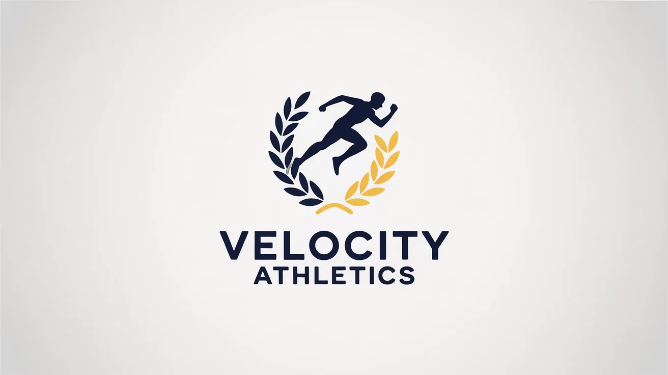 A modern track and field logo for 'Velocity Athletics', featuring a stylized running athlete intertwined with a laurel wreath in navy blue and gold, shown on a white background.
