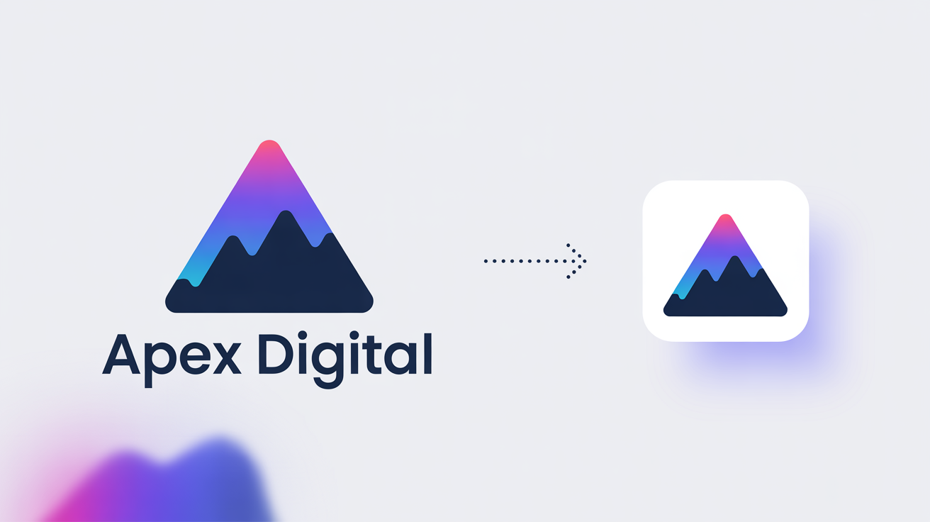 An illustration showing a large, detailed logo for 'Apex Digital' being resized into a small, crisp favicon featuring only the logo's mountain peak icon, demonstrating the favicon creation process.