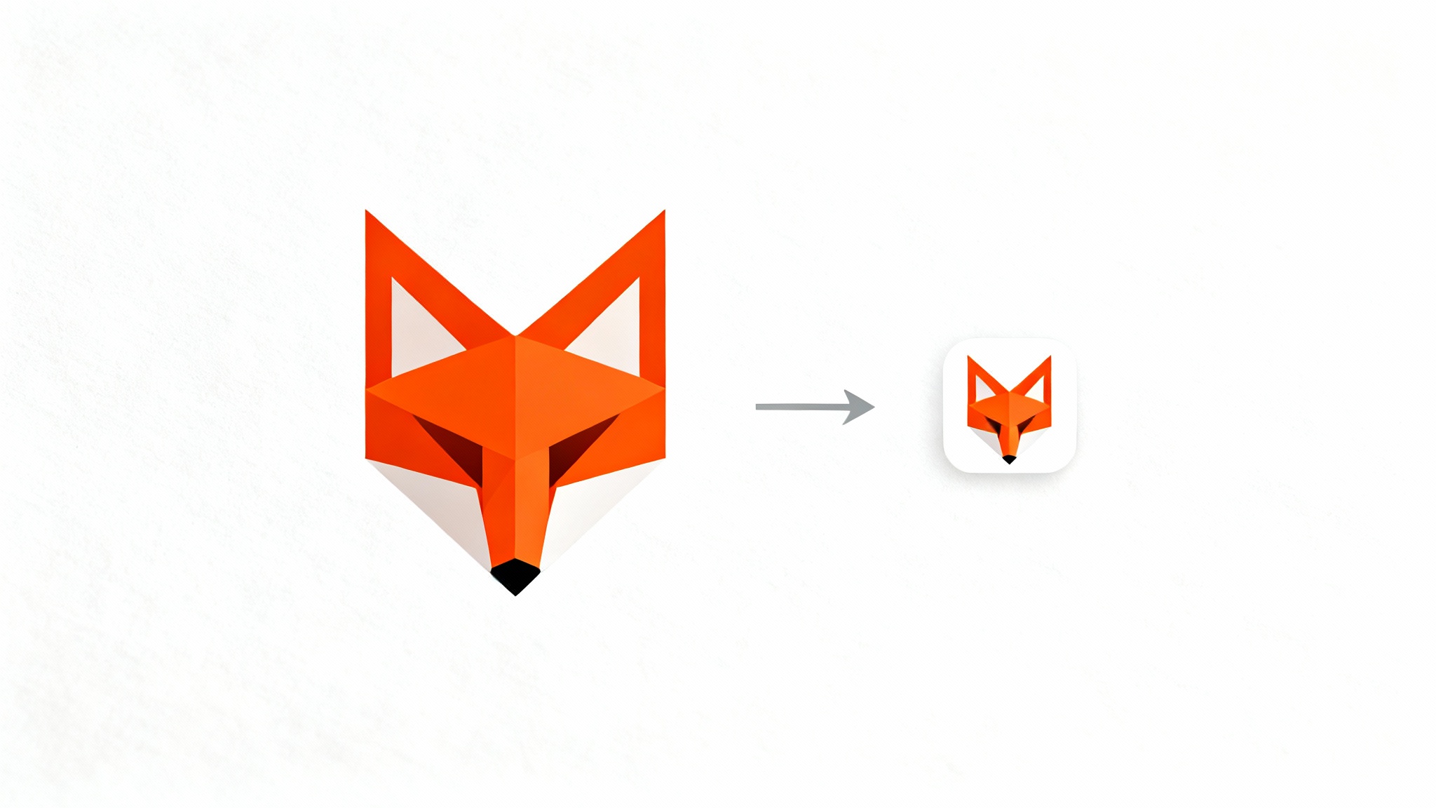 A large orange geometric fox logo is shown on the left, with an arrow pointing to a tiny, pixel-perfect favicon version of the same logo on the right, all against a clean white background.