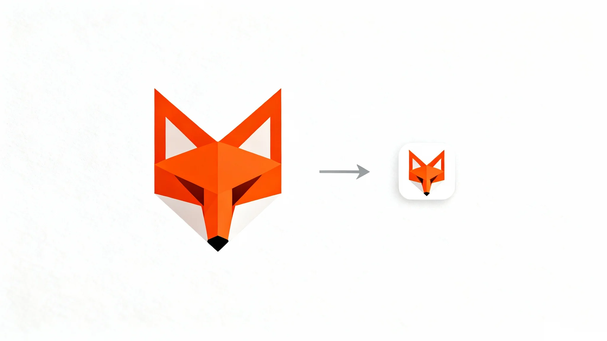 A large orange geometric fox logo is shown on the left, with an arrow pointing to a tiny, pixel-perfect favicon version of the same logo on the right, all against a clean white background.