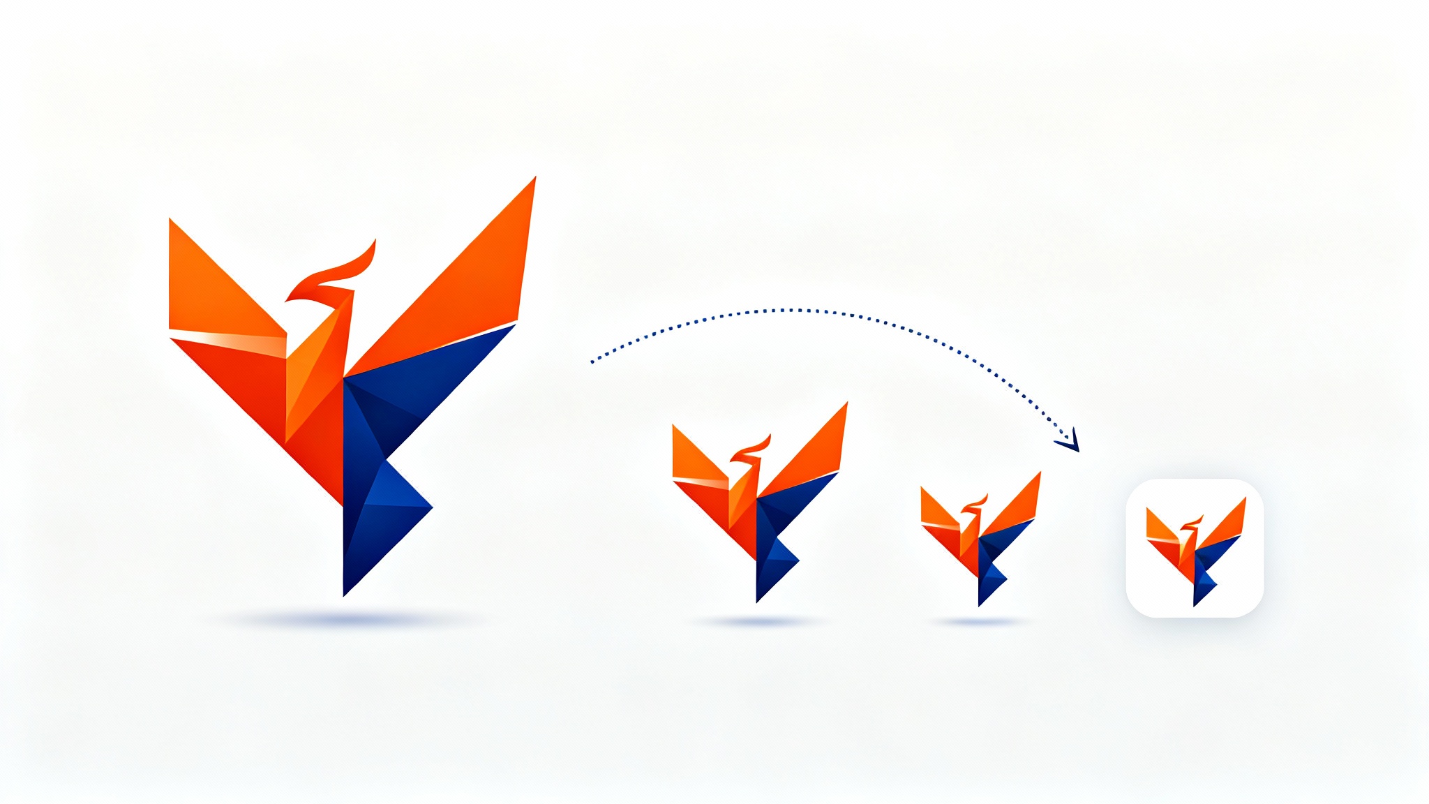 A conceptual illustration showing a large, stylized phoenix logo on the left, with a dotted line leading to progressively smaller versions of the logo, ending in a small favicon-sized square on the right, all on a white background.