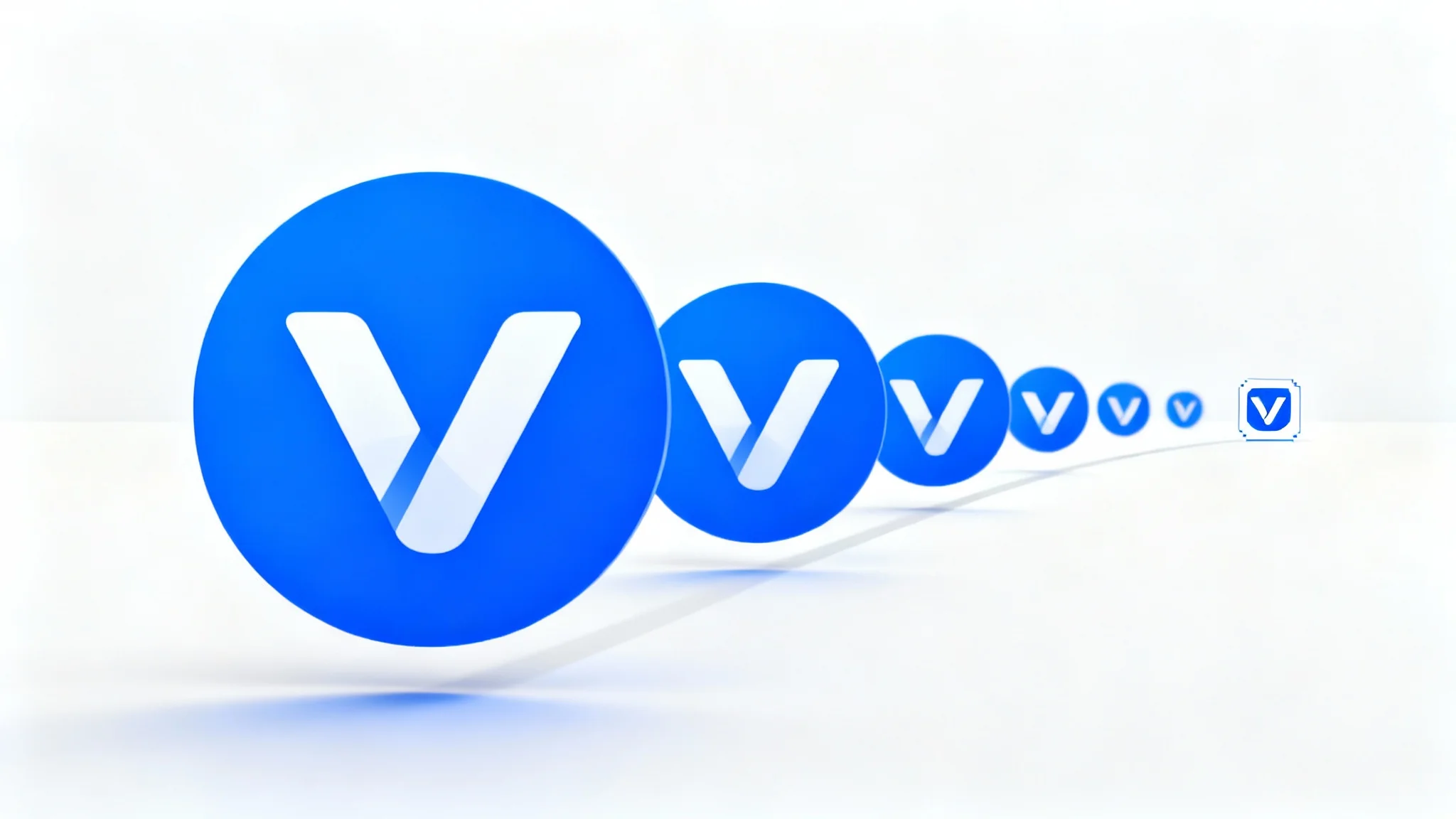 A large, blue circular logo with the letter 'V' is shown progressively shrinking into a tiny favicon, which is displayed on a minimalist browser tab, all against a clean white background, illustrating the favicon resizing process.