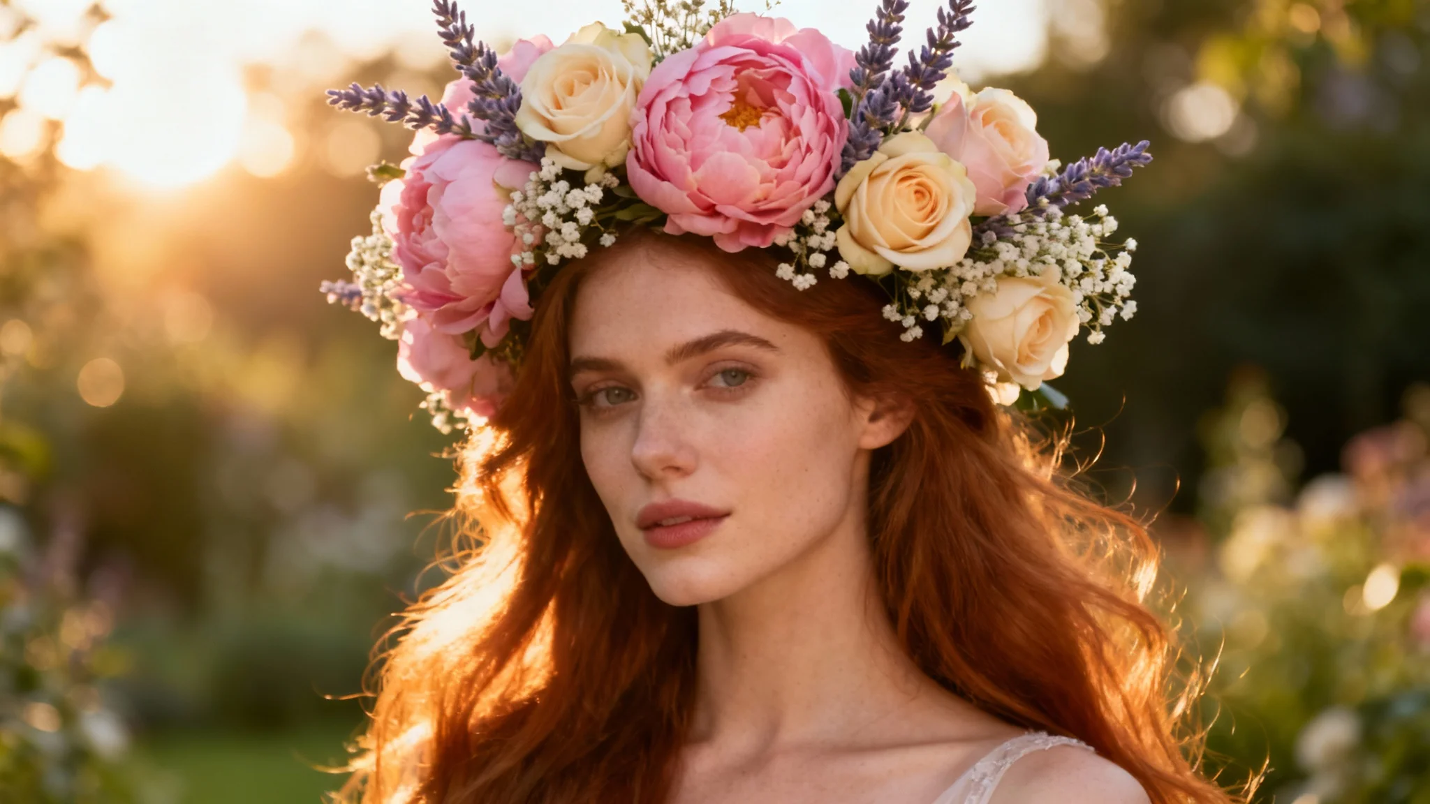 A stunning hero image of a woman with long hair wearing a beautifully designed, intricate flower crown made of pink and cream flowers, set against a soft, sunlit garden background.
