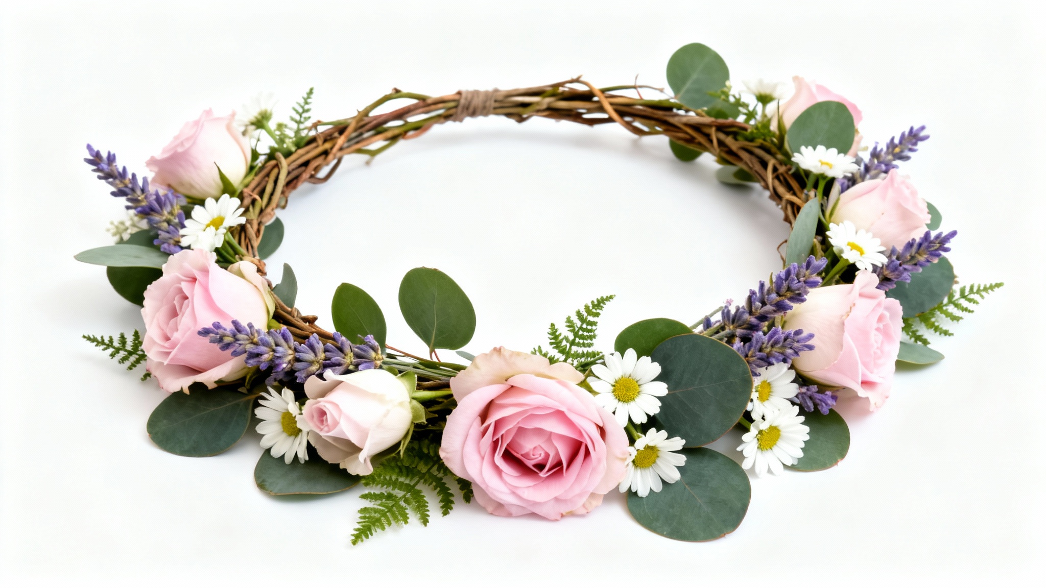 A beautifully handcrafted flower crown with pink roses, white daisies, and green leaves, presented as a product mockup on a plain white background.