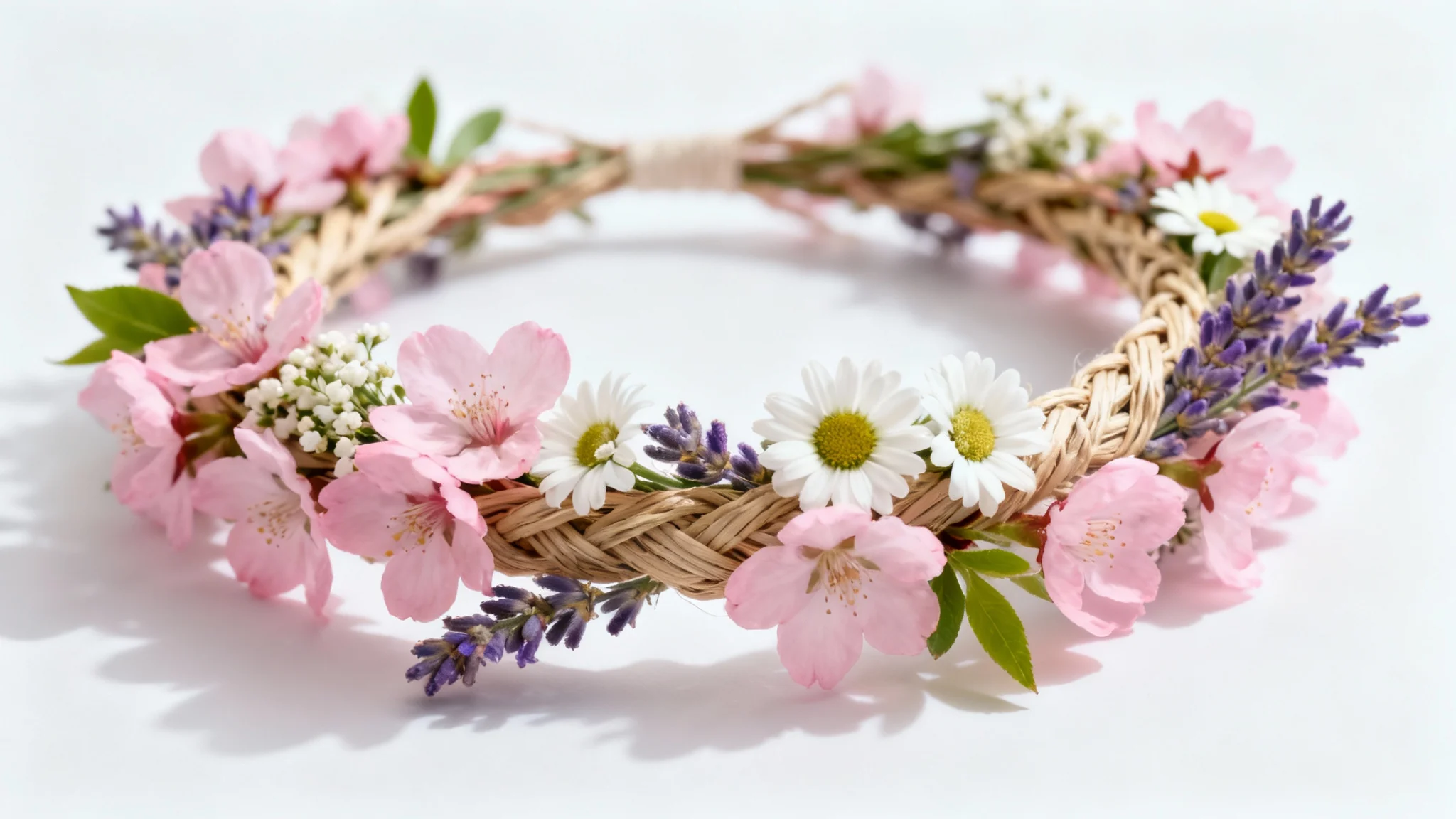 A close-up photograph of a beautifully crafted flower crown made of pink cherry blossoms, white daisies, and lavender, sitting on a pure white background.