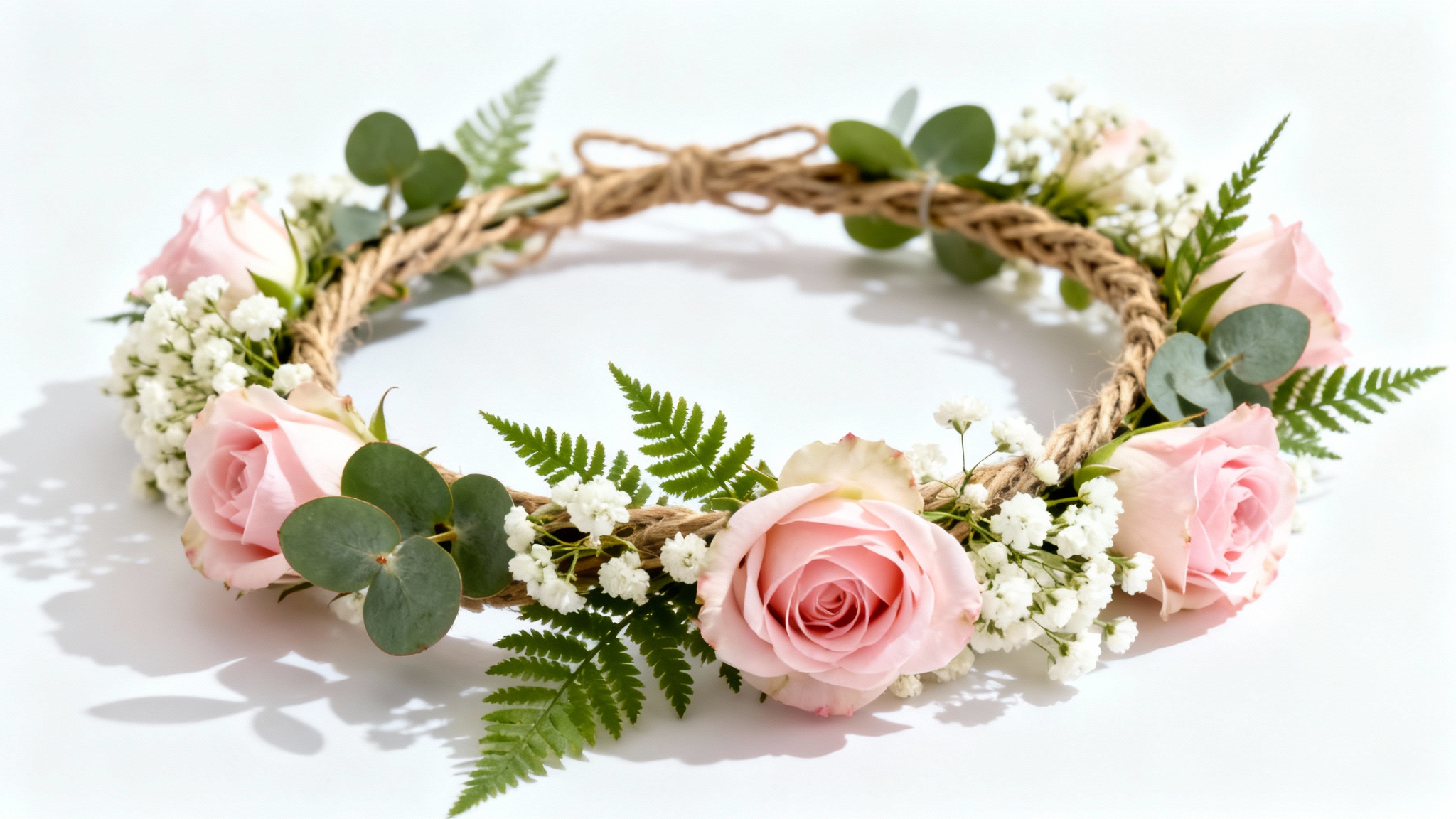 A beautiful, handcrafted flower crown made of pink roses, white baby's breath, and green leaves, displayed elegantly on a pure white background.
