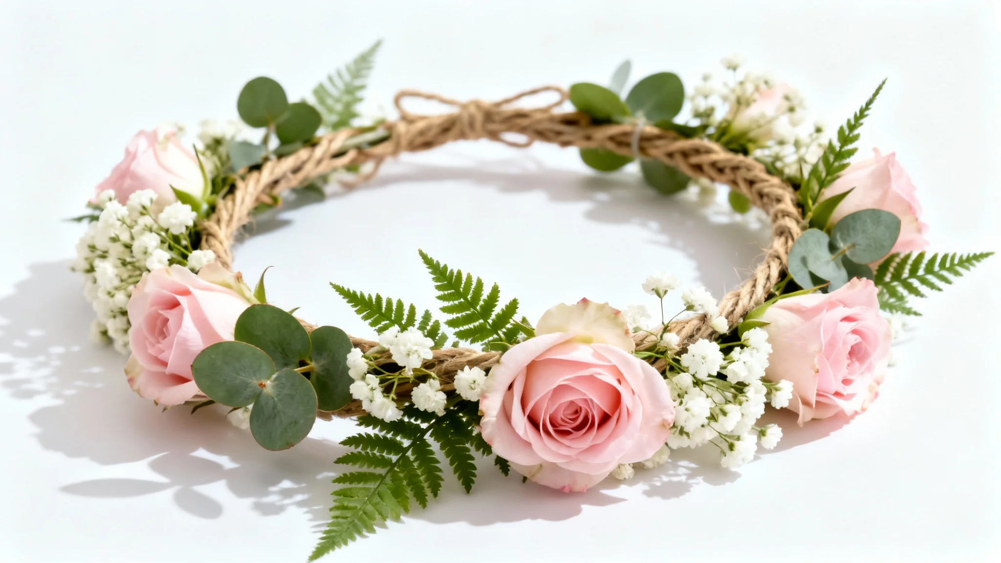 A beautiful, handcrafted flower crown made of pink roses, white baby's breath, and green leaves, displayed elegantly on a pure white background.